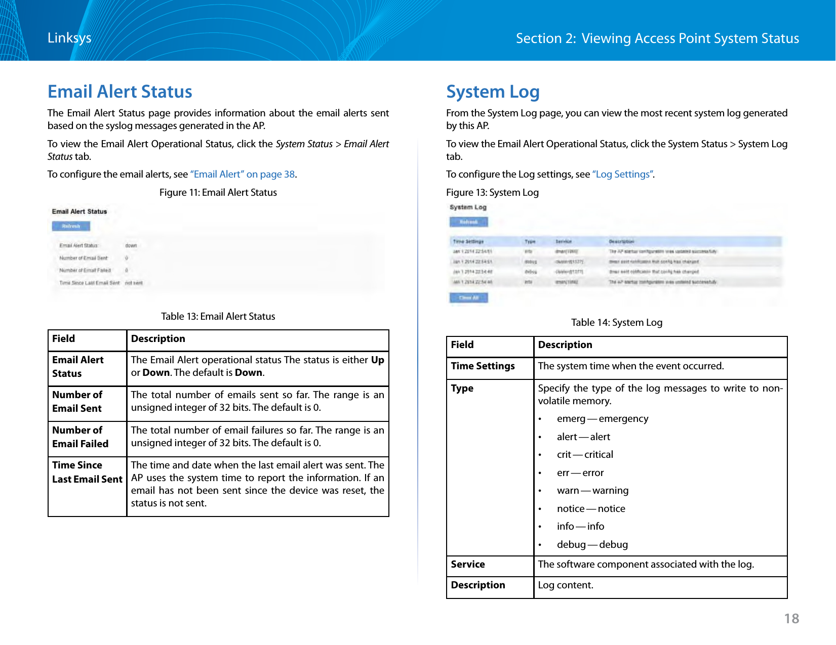 Section 2:  Viewing Access Point System StatusLinksys18Email Alert StatusThe Email Alert Status page provides information about the email alerts sent based on the syslog messages generated in the AP. To view the Email Alert Operational Status, click the System Status &gt; Email Alert Status tab.To configure the email alerts, see “Email Alert” on page 38.Figure 11: Email Alert StatusTable 13: Email Alert StatusField DescriptionEmail AlertStatusThe Email Alert operational status The status is either Up or Down. The default is Down.Number of Email SentThe total number of emails sent so far. The range is an unsigned integer of 32 bits. The default is 0.Number ofEmail FailedThe total number of email failures so far. The range is an unsigned integer of 32 bits. The default is 0.Time Since Last Email SentThe time and date when the last email alert was sent. The AP uses the system time to report the information. If an email has not been sent since the device was reset, the status is not sent.System LogFrom the System Log page, you can view the most recent system log generated by this AP. To view the Email Alert Operational Status, click the System Status &gt; System Log tab.To configure the Log settings, see “Log Settings”.Figure 13: System LogTable 14: System LogField DescriptionTime Settings The system time when the event occurred.Type Specify the type of the log messages to write to non-volatile memory.  •emerg — emergency •alert — alert •crit — critical •err — error •warn — warning •notice — notice •info — info •debug — debugService The software component associated with the log.Description Log content.