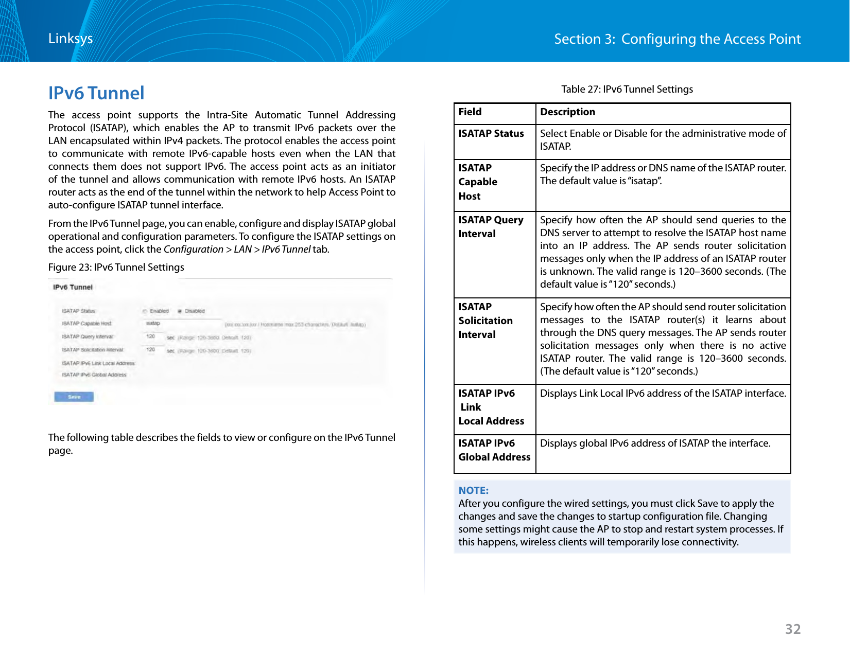 32Section 3:  Configuring the Access PointLinksysIPv6 TunnelThe access point supports the Intra-Site Automatic Tunnel Addressing Protocol (ISATAP), which enables the AP to transmit IPv6 packets over the LAN encapsulated within IPv4 packets. The protocol enables the access point to communicate with remote IPv6-capable hosts even when the LAN that connects them does not support IPv6. The access point acts as an initiator of the tunnel and allows communication with remote IPv6 hosts. An ISATAP router acts as the end of the tunnel within the network to help Access Point to auto-configure ISATAP tunnel interface. From the IPv6 Tunnel page, you can enable, configure and display ISATAP global operational and configuration parameters. To configure the ISATAP settings on the access point, click the Configuration &gt; LAN &gt; IPv6 Tunnel tab.Figure 23: IPv6 Tunnel SettingsThe following table describes the fields to view or configure on the IPv6 Tunnel page.Table 27: IPv6 Tunnel SettingsField  DescriptionISATAP Status Select Enable or Disable for the administrative mode of ISATAP.ISATAP Capable HostSpecify the IP address or DNS name of the ISATAP router. The default value is “isatap”.ISATAP Query IntervalSpecify how often the AP should send queries to the DNS server to attempt to resolve the ISATAP host name into an IP address. The AP sends router solicitation messages only when the IP address of an ISATAP router is unknown. The valid range is 120–3600 seconds. (The default value is “120” seconds.)ISATAP Solicitation IntervalSpecify how often the AP should send router solicitation messages to the ISATAP router(s) it learns about through the DNS query messages. The AP sends router solicitation messages only when there is no active ISATAP router. The valid range is 120–3600 seconds. (The default value is “120” seconds.)ISATAP IPv6 Link Local AddressDisplays Link Local IPv6 address of the ISATAP interface.ISATAP IPv6 Global AddressDisplays global IPv6 address of ISATAP the interface.NOTE:After you configure the wired settings, you must click Save to apply the changes and save the changes to startup configuration file. Changing some settings might cause the AP to stop and restart system processes. If this happens, wireless clients will temporarily lose connectivity.