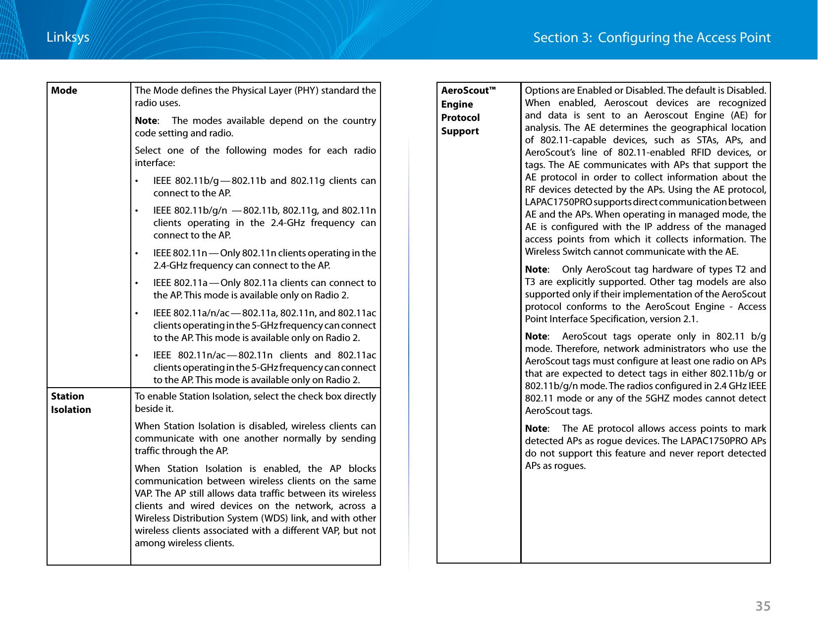 35Section 3:  Configuring the Access PointLinksysMode The Mode defines the Physical Layer (PHY) standard the radio uses.Note:   The modes available depend on the country code setting and radio.Select one of the following modes for each radio interface: •IEEE 802.11b/g — 802.11b and 802.11g clients can connect to the AP. •IEEE 802.11b/g/n  — 802.11b, 802.11g, and 802.11n clients operating in the 2.4-GHz frequency can connect to the AP. •IEEE 802.11n — Only 802.11n clients operating in the 2.4-GHz frequency can connect to the AP. •IEEE 802.11a — Only 802.11a clients can connect to the AP. This mode is available only on Radio 2. •IEEE 802.11a/n/ac — 802.11a, 802.11n, and 802.11ac clients operating in the 5-GHz frequency can connect to the AP. This mode is available only on Radio 2. •IEEE 802.11n/ac — 802.11n clients and 802.11ac clients operating in the 5-GHz frequency can connect to the AP. This mode is available only on Radio 2.StationIsolationTo enable Station Isolation, select the check box directly beside it.When Station Isolation is disabled, wireless clients can communicate with one another normally by sending traffic through the AP.When Station Isolation is enabled, the AP blocks communication between wireless clients on the same VAP. The AP still allows data traffic between its wireless clients and wired devices on the network, across a Wireless Distribution System (WDS) link, and with other wireless clients associated with a different VAP, but not among wireless clients. AeroScout™ Engine Protocol SupportOptions are Enabled or Disabled. The default is Disabled. When enabled, Aeroscout devices are recognized and data is sent to an Aeroscout Engine (AE) for analysis. The AE determines the geographical location of 802.11-capable devices, such as STAs, APs, and AeroScout’s line of 802.11-enabled RFID devices, or tags. The AE communicates with APs that support the AE protocol in order to collect information about the RF devices detected by the APs. Using the AE protocol, LAPAC1750PRO supports direct communication between AE and the APs. When operating in managed mode, the AE is configured with the IP address of the managed access points from which it collects information. The Wireless Switch cannot communicate with the AE.Note:   Only AeroScout tag hardware of types T2 and T3 are explicitly supported. Other tag models are also supported only if their implementation of the AeroScout protocol conforms to the AeroScout Engine - Access Point Interface Specification, version 2.1.Note:   AeroScout tags operate only in 802.11 b/g mode. Therefore, network administrators who use the AeroScout tags must configure at least one radio on APs that are expected to detect tags in either 802.11b/g or 802.11b/g/n mode. The radios configured in 2.4 GHz IEEE 802.11 mode or any of the 5GHZ modes cannot detect AeroScout tags.Note:   The AE protocol allows access points to mark detected APs as rogue devices. The LAPAC1750PRO APs do not support this feature and never report detected APs as rogues.