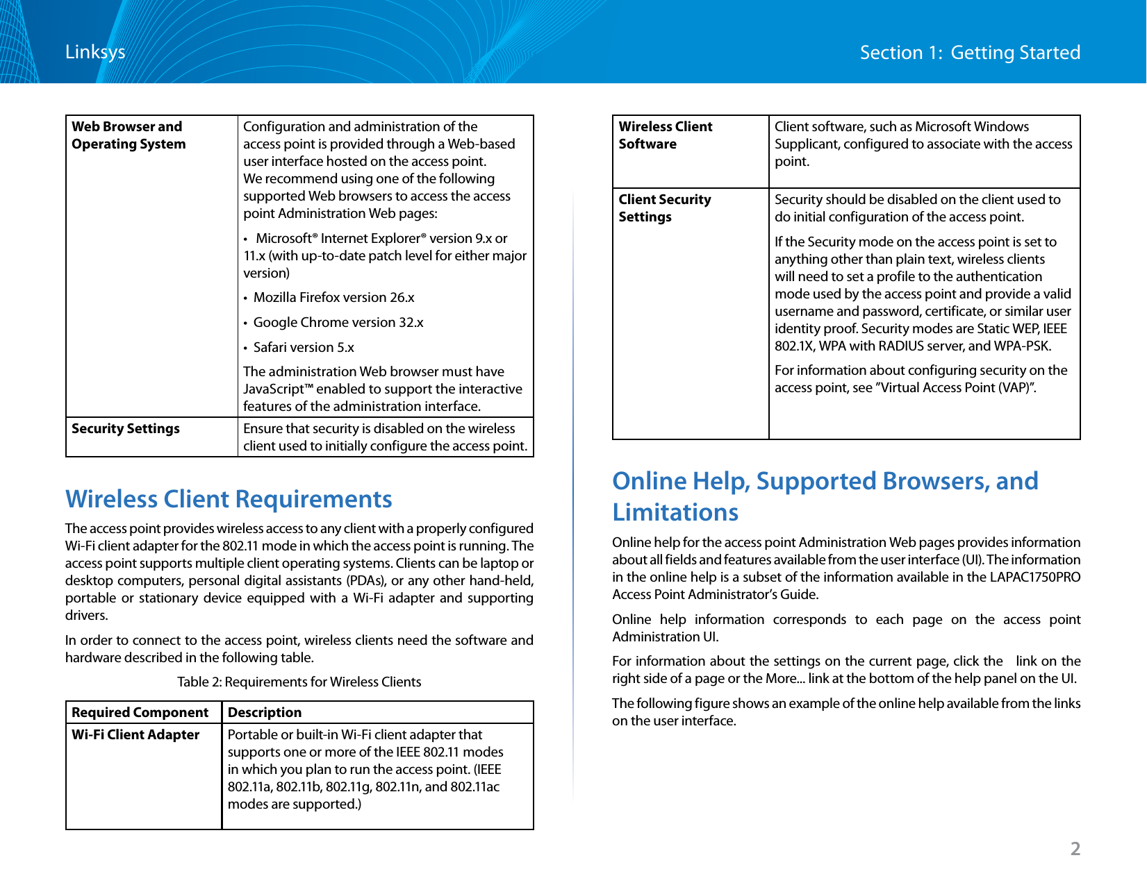 2Section 1:  Getting StartedLinksysWeb Browser and Operating SystemConfiguration and administration of the access point is provided through a Web-based user interface hosted on the access point. We recommend using one of the following supported Web browsers to access the access point Administration Web pages:•   Microsoft® Internet Explorer® version 9.x or 11.x (with up-to-date patch level for either major version)•  Mozilla Firefox version 26.x•  Google Chrome version 32.x•  Safari version 5.xThe administration Web browser must have JavaScript™ enabled to support the interactive features of the administration interface.Security Settings Ensure that security is disabled on the wireless client used to initially configure the access point.Wireless Client RequirementsThe access point provides wireless access to any client with a properly configured Wi-Fi client adapter for the 802.11 mode in which the access point is running. The access point supports multiple client operating systems. Clients can be laptop or desktop computers, personal digital assistants (PDAs), or any other hand-held, portable or stationary device equipped with a Wi-Fi adapter and supporting drivers.In order to connect to the access point, wireless clients need the software and hardware described in the following table.Table 2: Requirements for Wireless ClientsRequired Component DescriptionWi-Fi Client Adapter Portable or built-in Wi-Fi client adapter that supports one or more of the IEEE 802.11 modes in which you plan to run the access point. (IEEE 802.11a, 802.11b, 802.11g, 802.11n, and 802.11ac modes are supported.)Wireless Client SoftwareClient software, such as Microsoft Windows Supplicant, configured to associate with the access point.Client Security SettingsSecurity should be disabled on the client used to do initial configuration of the access point.If the Security mode on the access point is set to anything other than plain text, wireless clients will need to set a profile to the authentication mode used by the access point and provide a valid username and password, certificate, or similar user identity proof. Security modes are Static WEP, IEEE 802.1X, WPA with RADIUS server, and WPA-PSK.For information about configuring security on the access point, see ”Virtual Access Point (VAP)”.Online Help, Supported Browsers, and LimitationsOnline help for the access point Administration Web pages provides information about all fields and features available from the user interface (UI). The information in the online help is a subset of the information available in the LAPAC1750PRO Access Point Administrator’s Guide.Online help information corresponds to each page on the access point Administration UI. For information about the settings on the current page, click the   link on the right side of a page or the More... link at the bottom of the help panel on the UI. The following figure shows an example of the online help available from the links on the user interface.