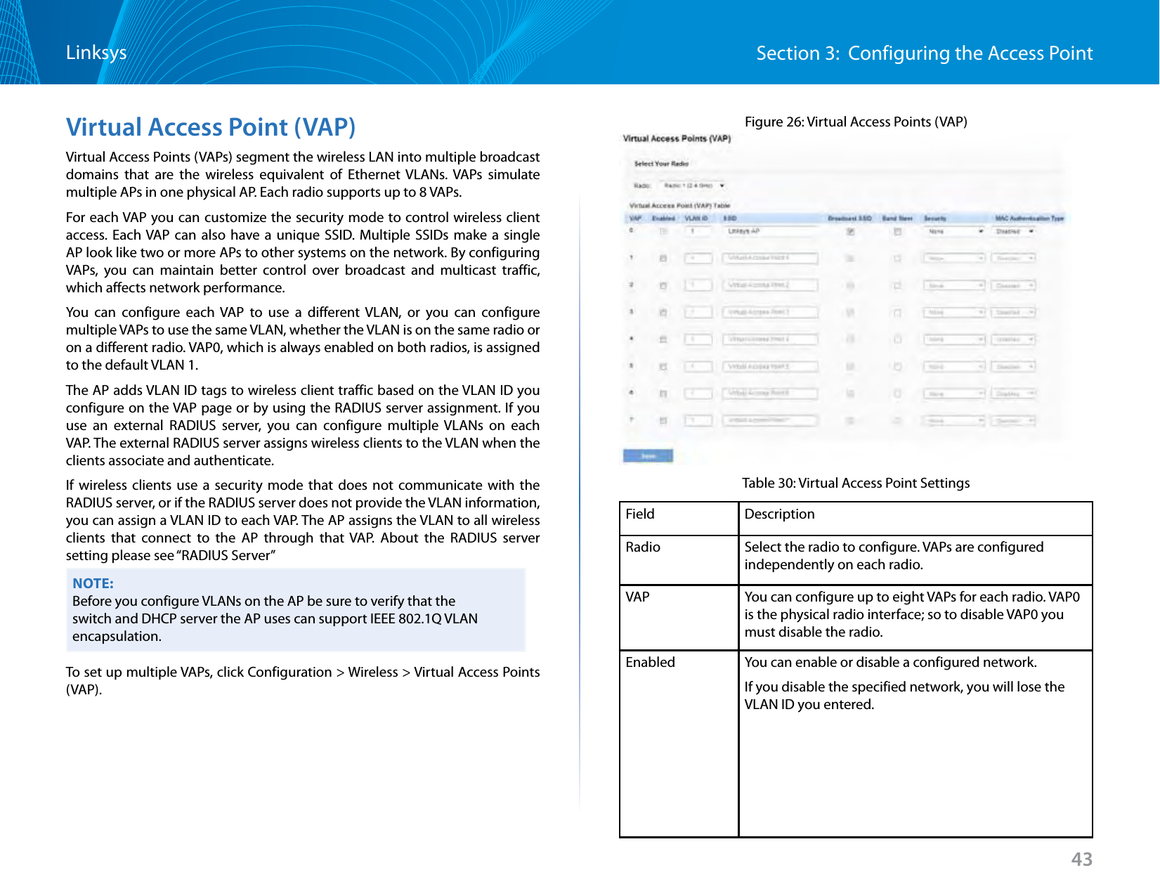 43Section 3:  Configuring the Access PointLinksysVirtual Access Point (VAP)Virtual Access Points (VAPs) segment the wireless LAN into multiple broadcast domains that are the wireless equivalent of Ethernet VLANs. VAPs simulate multiple APs in one physical AP. Each radio supports up to 8 VAPs.For each VAP you can customize the security mode to control wireless client access. Each VAP can also have a unique SSID. Multiple SSIDs make a single AP look like two or more APs to other systems on the network. By configuring VAPs, you can maintain better control over broadcast and multicast traffic, which affects network performance. You can configure each VAP to use a different VLAN, or you can configure multiple VAPs to use the same VLAN, whether the VLAN is on the same radio or on a different radio. VAP0, which is always enabled on both radios, is assigned to the default VLAN 1.The AP adds VLAN ID tags to wireless client traffic based on the VLAN ID you configure on the VAP page or by using the RADIUS server assignment. If you use an external RADIUS server, you can configure multiple VLANs on each VAP. The external RADIUS server assigns wireless clients to the VLAN when the clients associate and authenticate.If wireless clients use a security mode that does not communicate with the RADIUS server, or if the RADIUS server does not provide the VLAN information, you can assign a VLAN ID to each VAP. The AP assigns the VLAN to all wireless clients that connect to the AP through that VAP. About the RADIUS server setting please see “RADIUS Server”NOTE:Before you configure VLANs on the AP be sure to verify that the switch and DHCP server the AP uses can support IEEE 802.1Q VLAN encapsulation. To set up multiple VAPs, click Configuration &gt; Wireless &gt; Virtual Access Points (VAP).Figure 26: Virtual Access Points (VAP)Table 30: Virtual Access Point SettingsField DescriptionRadio Select the radio to configure. VAPs are configured independently on each radio.VAP You can configure up to eight VAPs for each radio. VAP0 is the physical radio interface; so to disable VAP0 you must disable the radio.Enabled You can enable or disable a configured network.If you disable the specified network, you will lose the VLAN ID you entered.