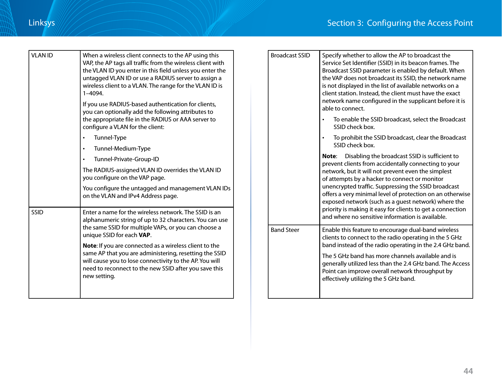 44Section 3:  Configuring the Access PointLinksysVLAN ID When a wireless client connects to the AP using this VAP, the AP tags all traffic from the wireless client with the VLAN ID you enter in this field unless you enter the untagged VLAN ID or use a RADIUS server to assign a wireless client to a VLAN. The range for the VLAN ID is 1–4094.If you use RADIUS-based authentication for clients, you can optionally add the following attributes to the appropriate file in the RADIUS or AAA server to configure a VLAN for the client: •Tunnel-Type •Tunnel-Medium-Type •Tunnel-Private-Group-IDThe RADIUS-assigned VLAN ID overrides the VLAN ID you configure on the VAP page. You configure the untagged and management VLAN IDs on the VLAN and IPv4 Address page.SSID Enter a name for the wireless network. The SSID is an alphanumeric string of up to 32 characters. You can use the same SSID for multiple VAPs, or you can choose a unique SSID for each VAP.Note: If you are connected as a wireless client to the same AP that you are administering, resetting the SSID will cause you to lose connectivity to the AP. You will need to reconnect to the new SSID after you save this new setting.Broadcast SSID Specify whether to allow the AP to broadcast the Service Set Identifier (SSID) in its beacon frames. The Broadcast SSID parameter is enabled by default. When the VAP does not broadcast its SSID, the network name is not displayed in the list of available networks on a client station. Instead, the client must have the exact network name configured in the supplicant before it is able to connect. •To enable the SSID broadcast, select the Broadcast SSID check box.  •To prohibit the SSID broadcast, clear the Broadcast SSID check box.Note:   Disabling the broadcast SSID is sufficient to prevent clients from accidentally connecting to your network, but it will not prevent even the simplest of attempts by a hacker to connect or monitor unencrypted traffic. Suppressing the SSID broadcast offers a very minimal level of protection on an otherwise exposed network (such as a guest network) where the priority is making it easy for clients to get a connection and where no sensitive information is available.Band Steer Enable this feature to encourage dual-band wireless clients to connect to the radio operating in the 5 GHz band instead of the radio operating in the 2.4 GHz band.The 5 GHz band has more channels available and is generally utilized less than the 2.4 GHz band. The Access Point can improve overall network throughput by effectively utilizing the 5 GHz band.