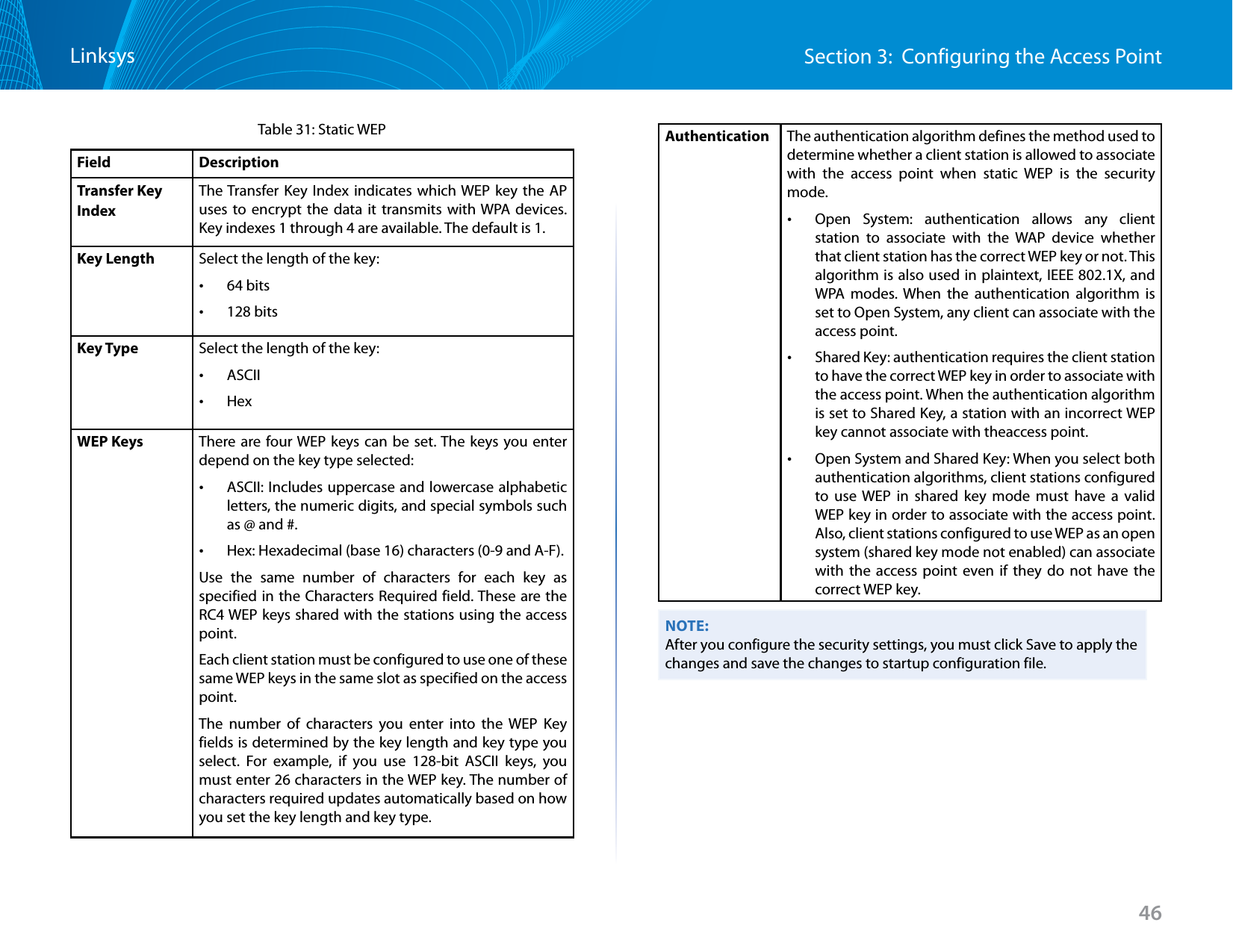 46Section 3:  Configuring the Access PointLinksysTable 31: Static WEPField DescriptionTransfer Key IndexThe Transfer Key Index indicates which WEP key the AP uses to encrypt the data it transmits with WPA devices. Key indexes 1 through 4 are available. The default is 1. Key Length Select the length of the key: •64 bits •128 bitsKey Type Select the length of the key: •ASCII •HexWEP Keys There are four WEP keys can be set. The keys you enter depend on the key type selected:  •ASCII: Includes uppercase and lowercase alphabetic letters, the numeric digits, and special symbols such as @ and #.  •Hex: Hexadecimal (base 16) characters (0-9 and A-F).  Use the same number of characters for each key as specified in the Characters Required field. These are the RC4 WEP keys shared with the stations using the access point.Each client station must be configured to use one of these same WEP keys in the same slot as specified on the access point.The number of characters you enter into the WEP Key fields is determined by the key length and key type you select. For example, if you use 128-bit ASCII keys, you must enter 26 characters in the WEP key. The number of characters required updates automatically based on how you set the key length and key type.Authentication The authentication algorithm defines the method used to determine whether a client station is allowed to associate with the access point when static WEP is the security mode.  •Open System: authentication allows any client station to associate with the WAP device whether that client station has the correct WEP key or not. This algorithm is also used in plaintext, IEEE 802.1X, and WPA modes. When the authentication algorithm is set to Open System, any client can associate with the access point. •Shared Key: authentication requires the client station to have the correct WEP key in order to associate with the access point. When the authentication algorithm is set to Shared Key, a station with an incorrect WEP key cannot associate with theaccess point.   •Open System and Shared Key: When you select both authentication algorithms, client stations configured to use WEP in shared key mode must have a valid WEP key in order to associate with the access point. Also, client stations configured to use WEP as an open system (shared key mode not enabled) can associate with the access point even if they do not have the correct WEP key.NOTE:After you configure the security settings, you must click Save to apply the changes and save the changes to startup configuration file.