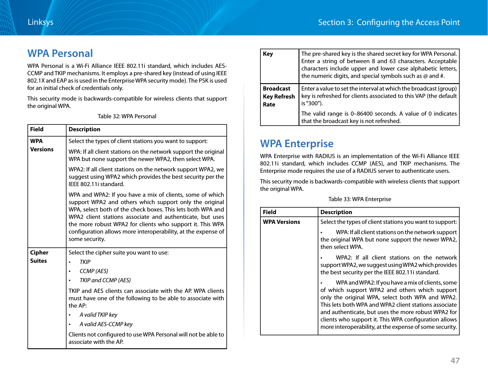 47Section 3:  Configuring the Access PointLinksysWPA PersonalWPA Personal is a Wi-Fi Alliance IEEE 802.11i standard, which includes AES-CCMP and TKIP mechanisms. It employs a pre-shared key (instead of using IEEE 802.1X and EAP as is used in the Enterprise WPA security mode). The PSK is used for an initial check of credentials only.This security mode is backwards-compatible for wireless clients that support the original WPA.Table 32: WPA PersonalField DescriptionWPA VersionsSelect the types of client stations you want to support:WPA: If all client stations on the network support the original WPA but none support the newer WPA2, then select WPA.WPA2: If all client stations on the network support WPA2, we suggest using WPA2 which provides the best security per the IEEE 802.11i standard.WPA and WPA2: If you have a mix of clients, some of which support WPA2 and others which support only the original WPA, select both of the check boxes. This lets both WPA and WPA2 client stations associate and authenticate, but uses the more robust WPA2 for clients who support it. This WPA configuration allows more interoperability, at the expense of some security. Cipher SuitesSelect the cipher suite you want to use: •TKIP •CCMP (AES) •TKIP and CCMP (AES)TKIP and AES clients can associate with the AP. WPA clients must have one of the following to be able to associate with the AP: •A valid TKIP key •A valid AES-CCMP keyClients not configured to use WPA Personal will not be able to associate with the AP.Key The pre-shared key is the shared secret key for WPA Personal. Enter a string of between 8 and 63 characters. Acceptable characters include upper and lower case alphabetic letters, the numeric digits, and special symbols such as @ and #.Broadcast Key Refresh RateEnter a value to set the interval at which the broadcast (group) key is refreshed for clients associated to this VAP (the default is “300”).The valid range is 0–86400 seconds. A value of 0 indicates that the broadcast key is not refreshed. WPA EnterpriseWPA Enterprise with RADIUS is an implementation of the Wi-Fi Alliance IEEE 802.11i standard, which includes CCMP (AES), and TKIP mechanisms. The Enterprise mode requires the use of a RADIUS server to authenticate users.This security mode is backwards-compatible with wireless clients that support the original WPA.Table 33: WPA EnterpriseField DescriptionWPA Versions Select the types of client stations you want to support:•   WPA: If all client stations on the network support the original WPA but none support the newer WPA2, then select WPA.•   WPA2:  If  all  client  stations  on  the  network support WPA2, we suggest using WPA2 which provides the best security per the IEEE 802.11i standard.•   WPA and WPA2: If you have a mix of clients, some of which support WPA2 and others which support only the original WPA, select both WPA and WPA2. This lets both WPA and WPA2 client stations associate and authenticate, but uses the more robust WPA2 for clients who support it. This WPA configuration allows more interoperability, at the expense of some security. 