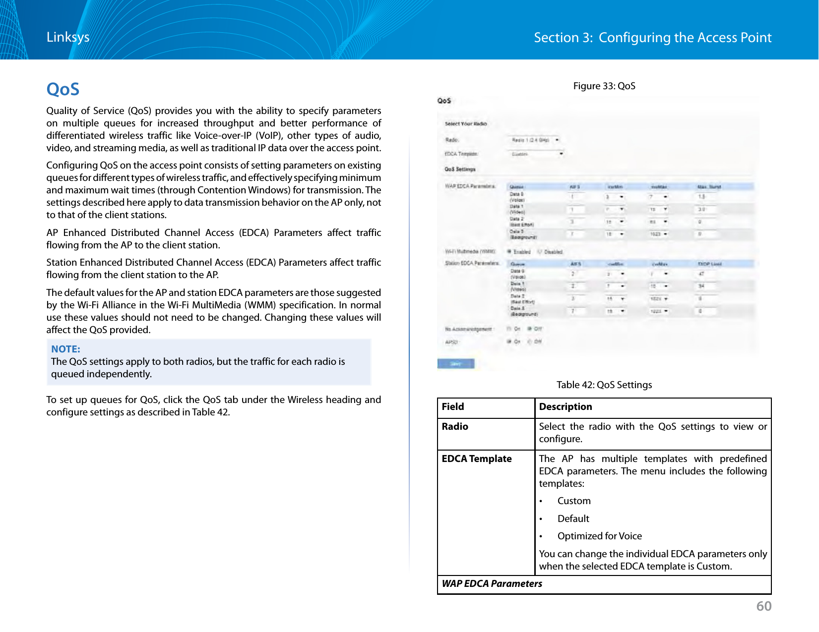 60Section 3:  Configuring the Access PointLinksysQoSQuality of Service (QoS) provides you with the ability to specify parameters on multiple queues for increased throughput and better performance of differentiated wireless traffic like Voice-over-IP (VoIP), other types of audio, video, and streaming media, as well as traditional IP data over the access point.Configuring QoS on the access point consists of setting parameters on existing queues for different types of wireless traffic, and effectively specifying minimum and maximum wait times (through Contention Windows) for transmission. The settings described here apply to data transmission behavior on the AP only, not to that of the client stations.AP Enhanced Distributed Channel Access (EDCA) Parameters affect traffic flowing from the AP to the client station.Station Enhanced Distributed Channel Access (EDCA) Parameters affect traffic flowing from the client station to the AP.The default values for the AP and station EDCA parameters are those suggested by the Wi-Fi Alliance in the Wi-Fi MultiMedia (WMM) specification. In normal use these values should not need to be changed. Changing these values will affect the QoS provided.NOTE:The QoS settings apply to both radios, but the traffic for each radio is queued independently.To set up queues for QoS, click the QoS tab under the Wireless heading and configure settings as described in Table 42.Figure 33: QoSTable 42: QoS SettingsField DescriptionRadio Select the radio with the QoS settings to view or configure.EDCA Template The AP has multiple templates with predefined EDCA parameters. The menu includes the following templates: •Custom •Default •Optimized for VoiceYou can change the individual EDCA parameters only when the selected EDCA template is Custom.WAP EDCA Parameters