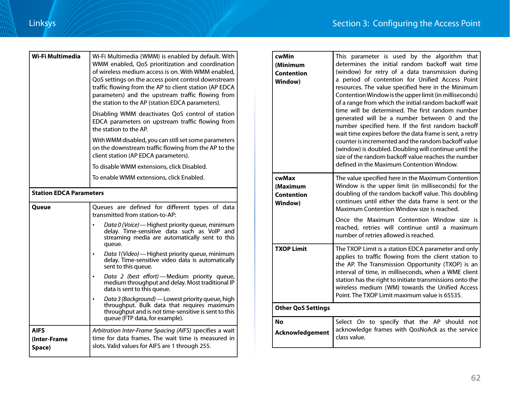 62Section 3:  Configuring the Access PointLinksysWi-Fi Multimedia Wi-Fi Multimedia (WMM) is enabled by default. With WMM enabled, QoS prioritization and coordination of wireless medium access is on. With WMM enabled, QoS settings on the access point control downstream traffic flowing from the AP to client station (AP EDCA parameters) and the upstream traffic flowing from the station to the AP (station EDCA parameters).Disabling WMM deactivates QoS control of station EDCA parameters on upstream traffic flowing from the station to the AP.With WMM disabled, you can still set some parameters on the downstream traffic flowing from the AP to the client station (AP EDCA parameters).To disable WMM extensions, click Disabled.To enable WMM extensions, click Enabled.Station EDCA ParametersQueue Queues are defined for different types of data transmitted from station-to-AP: •Data 0 (Voice) — Highest priority queue, minimum delay. Time-sensitive data such as VoIP and streaming media are automatically sent to this queue. •Data 1(Video) — Highest priority queue, minimum delay. Time-sensitive video data is automatically sent to this queue. •Data 2 (best effort) — Medium priority queue, medium throughput and delay. Most traditional IP data is sent to this queue. •Data 3 (Background) — Lowest priority queue, high throughput. Bulk data that requires maximum throughput and is not time-sensitive is sent to this queue (FTP data, for example).AIFS(Inter-Frame Space)Arbitration Inter-Frame Spacing (AIFS) specifies a wait time for data frames. The wait time is measured in slots. Valid values for AIFS are 1 through 255.cwMin(Minimum Contention Window)This parameter is used by the algorithm that determines the initial random backoff wait time (window) for retry of a data transmission during a period of contention for Unified Access Point resources. The value specified here in the Minimum Contention Window is the upper limit (in milliseconds) of a range from which the initial random backoff wait time will be determined. The first random number generated will be a number between 0 and the number specified here. If the first random backoff wait time expires before the data frame is sent, a retry counter is incremented and the random backoff value (window) is doubled. Doubling will continue until the size of the random backoff value reaches the number defined in the Maximum Contention Window.cwMax (Maximum Contention Window)The value specified here in the Maximum Contention Window is the upper limit (in milliseconds) for the doubling of the random backoff value. This doubling continues until either the data frame is sent or the Maximum Contention Window size is reached.Once the Maximum Contention Window size is reached, retries will continue until a maximum number of retries allowed is reached.TXOP Limit The TXOP Limit is a station EDCA parameter and only applies to traffic flowing from the client station to the AP. The Transmission Opportunity (TXOP) is an interval of time, in milliseconds, when a WME client station has the right to initiate transmissions onto the wireless medium (WM) towards the Unified Access Point. The TXOP Limit maximum value is 65535.Other QoS SettingsNo AcknowledgementSelect  On to specify that the AP should not acknowledge frames with QosNoAck as the service class value.