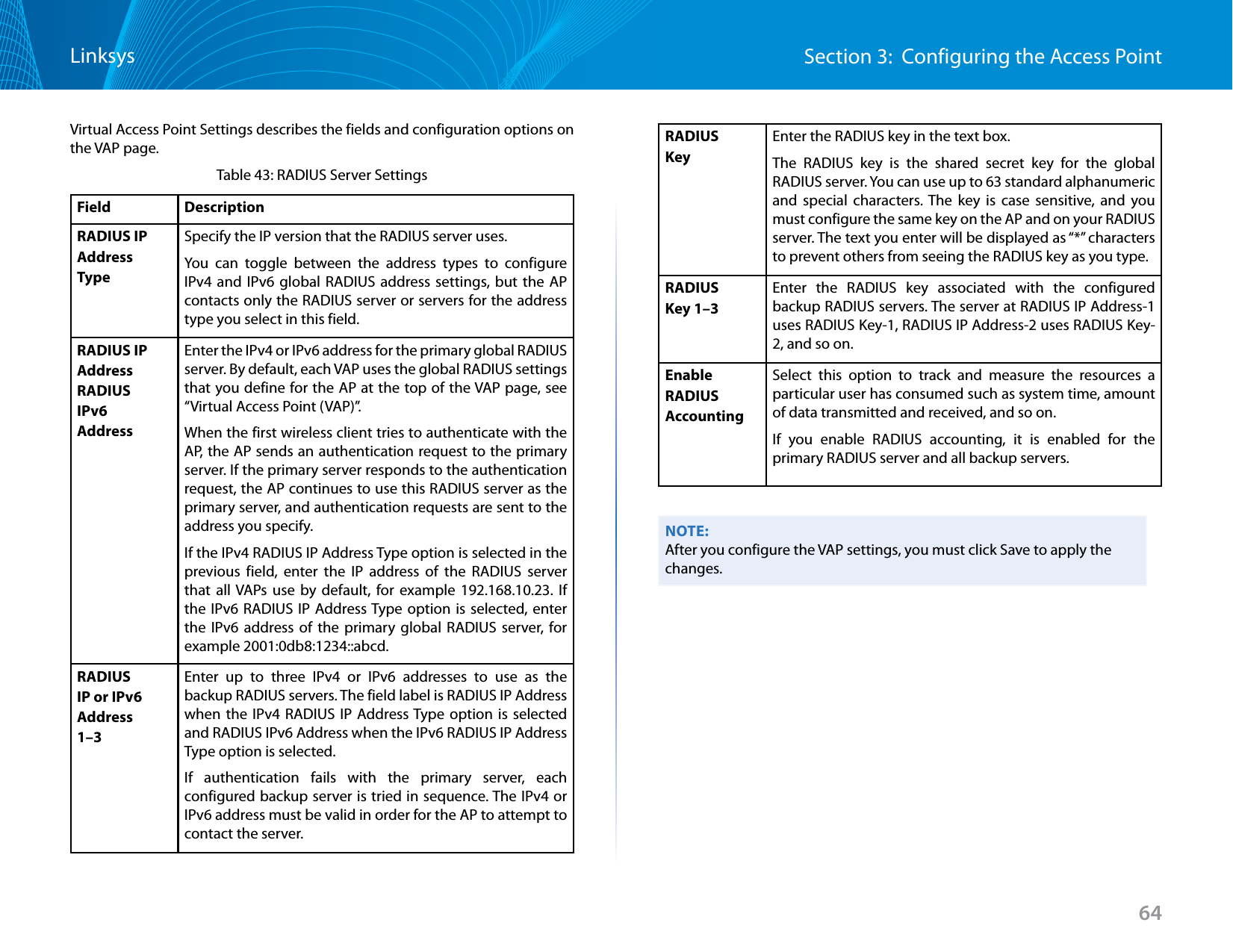 64Section 3:  Configuring the Access PointLinksysVirtual Access Point Settings describes the fields and configuration options on the VAP page.Table 43: RADIUS Server SettingsField DescriptionRADIUS IP Address TypeSpecify the IP version that the RADIUS server uses.You can toggle between the address types to configure IPv4 and IPv6 global RADIUS address settings, but the AP contacts only the RADIUS server or servers for the address type you select in this field.RADIUS IP AddressRADIUS IPv6 Address Enter the IPv4 or IPv6 address for the primary global RADIUS server. By default, each VAP uses the global RADIUS settings that you define for the AP at the top of the VAP page, see “Virtual Access Point (VAP)”.When the first wireless client tries to authenticate with the AP, the AP sends an authentication request to the primary server. If the primary server responds to the authentication request, the AP continues to use this RADIUS server as the primary server, and authentication requests are sent to the address you specify.If the IPv4 RADIUS IP Address Type option is selected in the previous field, enter the IP address of the RADIUS server that all VAPs use by default, for example 192.168.10.23. If the IPv6 RADIUS IP Address Type option is selected, enter the IPv6 address of the primary global RADIUS server, for example 2001:0db8:1234::abcd.RADIUS IP or IPv6 Address 1–3Enter up to three IPv4 or IPv6 addresses to use as the backup RADIUS servers. The field label is RADIUS IP Address when the IPv4 RADIUS IP Address Type option is selected and RADIUS IPv6 Address when the IPv6 RADIUS IP Address Type option is selected.If authentication fails with the primary server, each configured backup server is tried in sequence. The IPv4 or IPv6 address must be valid in order for the AP to attempt to contact the server. RADIUS KeyEnter the RADIUS key in the text box.The RADIUS key is the shared secret key for the global RADIUS server. You can use up to 63 standard alphanumeric and special characters. The key is case sensitive, and you must configure the same key on the AP and on your RADIUS server. The text you enter will be displayed as “*” characters to prevent others from seeing the RADIUS key as you type.RADIUS Key 1–3Enter the RADIUS key associated with the configured backup RADIUS servers. The server at RADIUS IP Address-1 uses RADIUS Key-1, RADIUS IP Address-2 uses RADIUS Key-2, and so on.Enable RADIUS AccountingSelect this option to track and measure the resources a particular user has consumed such as system time, amount of data transmitted and received, and so on.If you enable RADIUS accounting, it is enabled for the primary RADIUS server and all backup servers.NOTE:After you configure the VAP settings, you must click Save to apply the changes. 