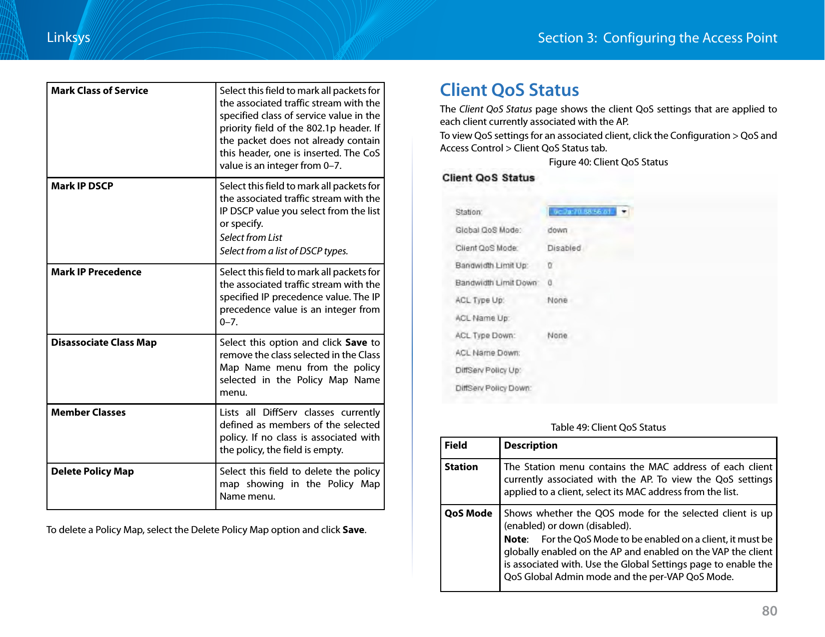 80Section 3:  Configuring the Access PointLinksysMark Class of Service Select this field to mark all packets for the associated traffic stream with the specified class of service value in the priority field of the 802.1p header. If the packet does not already contain this header, one is inserted. The CoS value is an integer from 0–7.Mark IP DSCP Select this field to mark all packets for the associated traffic stream with the IP DSCP value you select from the list or specify. Select from List Select from a list of DSCP types. Mark IP Precedence Select this field to mark all packets for the associated traffic stream with the specified IP precedence value. The IP precedence value is an integer from 0–7.Disassociate Class Map Select this option and click Save to remove the class selected in the Class Map Name menu from the policy selected in the Policy Map Name menu. Member Classes Lists all DiffServ classes currently defined as members of the selected policy. If no class is associated with the policy, the field is empty.Delete Policy Map Select this field to delete the policy map showing in the Policy Map Name menu.To delete a Policy Map, select the Delete Policy Map option and click Save.Client QoS StatusThe Client QoS Status page shows the client QoS settings that are applied to each client currently associated with the AP.To view QoS settings for an associated client, click the Configuration &gt; QoS and Access Control &gt; Client QoS Status tab.Figure 40: Client QoS Status Table 49: Client QoS StatusField DescriptionStation The Station menu contains the MAC address of each client currently associated with the AP. To view the QoS settings applied to a client, select its MAC address from the list.QoS Mode Shows whether the QOS mode for the selected client is up (enabled) or down (disabled). Note:   For the QoS Mode to be enabled on a client, it must be globally enabled on the AP and enabled on the VAP the client is associated with. Use the Global Settings page to enable the QoS Global Admin mode and the per-VAP QoS Mode.