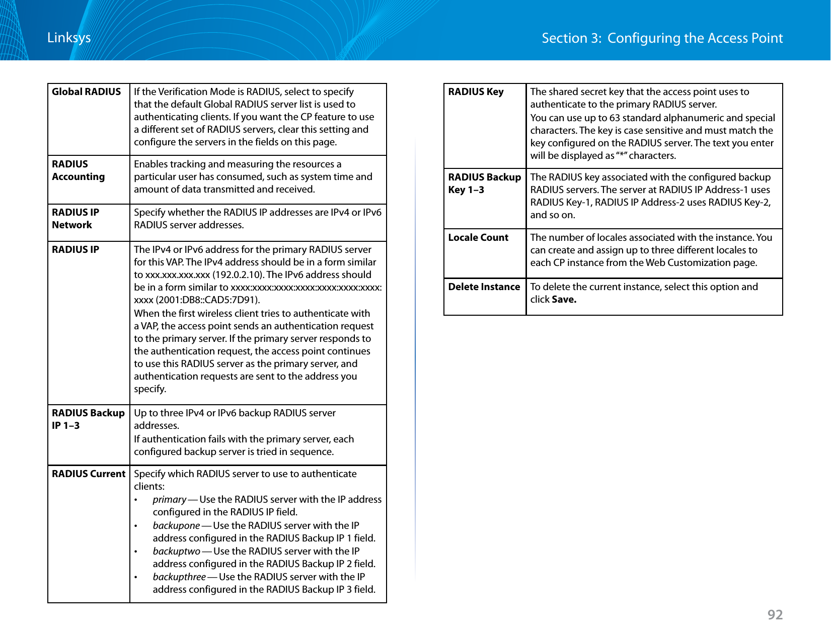 92Section 3:  Configuring the Access PointLinksysGlobal RADIUS If the Verification Mode is RADIUS, select to specify that the default Global RADIUS server list is used to authenticating clients. If you want the CP feature to use a different set of RADIUS servers, clear this setting and configure the servers in the fields on this page.RADIUS AccountingEnables tracking and measuring the resources a particular user has consumed, such as system time and amount of data transmitted and received.RADIUS IP NetworkSpecify whether the RADIUS IP addresses are IPv4 or IPv6 RADIUS server addresses.RADIUS IP The IPv4 or IPv6 address for the primary RADIUS server for this VAP. The IPv4 address should be in a form similar to xxx.xxx.xxx.xxx (192.0.2.10). The IPv6 address should be in a form similar to xxxx:xxxx:xxxx:xxxx:xxxx:xxxx:xxxx:xxxx (2001:DB8::CAD5:7D91).When the first wireless client tries to authenticate with a VAP, the access point sends an authentication request to the primary server. If the primary server responds to the authentication request, the access point continues to use this RADIUS server as the primary server, and authentication requests are sent to the address you specify.RADIUS Backup IP 1–3Up to three IPv4 or IPv6 backup RADIUS server addresses.If authentication fails with the primary server, each configured backup server is tried in sequence.RADIUS Current Specify which RADIUS server to use to authenticate clients: •primary — Use the RADIUS server with the IP address configured in the RADIUS IP field. •backupone — Use the RADIUS server with the IP address configured in the RADIUS Backup IP 1 field. •backuptwo — Use the RADIUS server with the IP address configured in the RADIUS Backup IP 2 field. •backupthree — Use the RADIUS server with the IP address configured in the RADIUS Backup IP 3 field.RADIUS Key The shared secret key that the access point uses to authenticate to the primary RADIUS server.You can use up to 63 standard alphanumeric and special characters. The key is case sensitive and must match the key configured on the RADIUS server. The text you enter will be displayed as “*” characters.RADIUS Backup Key 1–3The RADIUS key associated with the configured backup RADIUS servers. The server at RADIUS IP Address-1 uses RADIUS Key-1, RADIUS IP Address-2 uses RADIUS Key-2, and so on.Locale Count The number of locales associated with the instance. You can create and assign up to three different locales to each CP instance from the Web Customization page.Delete Instance To delete the current instance, select this option and click Save.