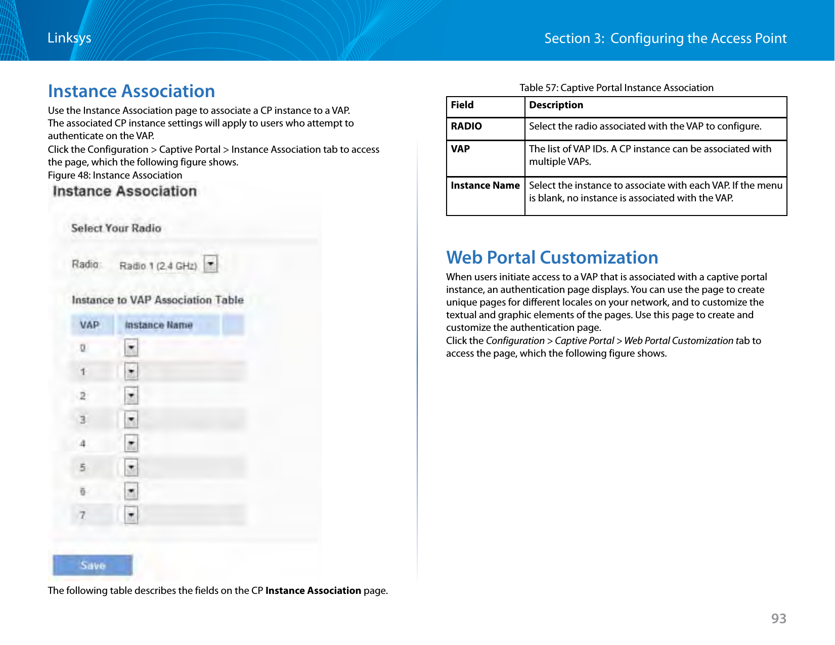 93Section 3:  Configuring the Access PointLinksysInstance AssociationUse the Instance Association page to associate a CP instance to a VAP. The associated CP instance settings will apply to users who attempt to authenticate on the VAP.Click the Configuration &gt; Captive Portal &gt; Instance Association tab to access the page, which the following figure shows.Figure 48: Instance AssociationThe following table describes the fields on the CP Instance Association page.Table 57: Captive Portal Instance AssociationField DescriptionRADIO Select the radio associated with the VAP to configure.VAP The list of VAP IDs. A CP instance can be associated with multiple VAPs.Instance Name Select the instance to associate with each VAP. If the menu is blank, no instance is associated with the VAP.Web Portal CustomizationWhen users initiate access to a VAP that is associated with a captive portal instance, an authentication page displays. You can use the page to create unique pages for different locales on your network, and to customize the textual and graphic elements of the pages. Use this page to create and customize the authentication page.Click the Configuration &gt; Captive Portal &gt; Web Portal Customization tab to access the page, which the following figure shows.