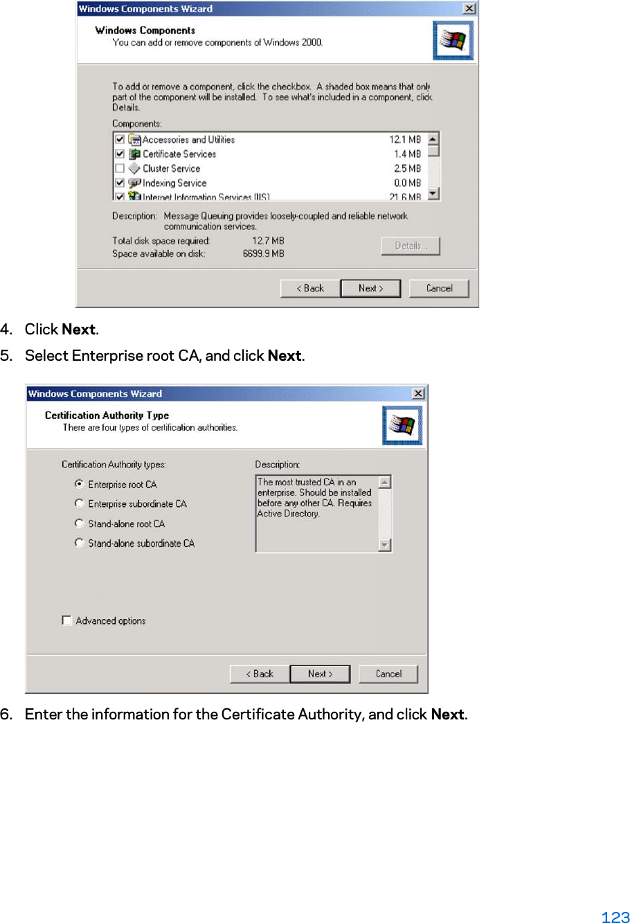 4. Click Next. 5. Select Enterprise root CA, and click Next. 6. Enter the information for the Certificate Authority, and click Next. 123