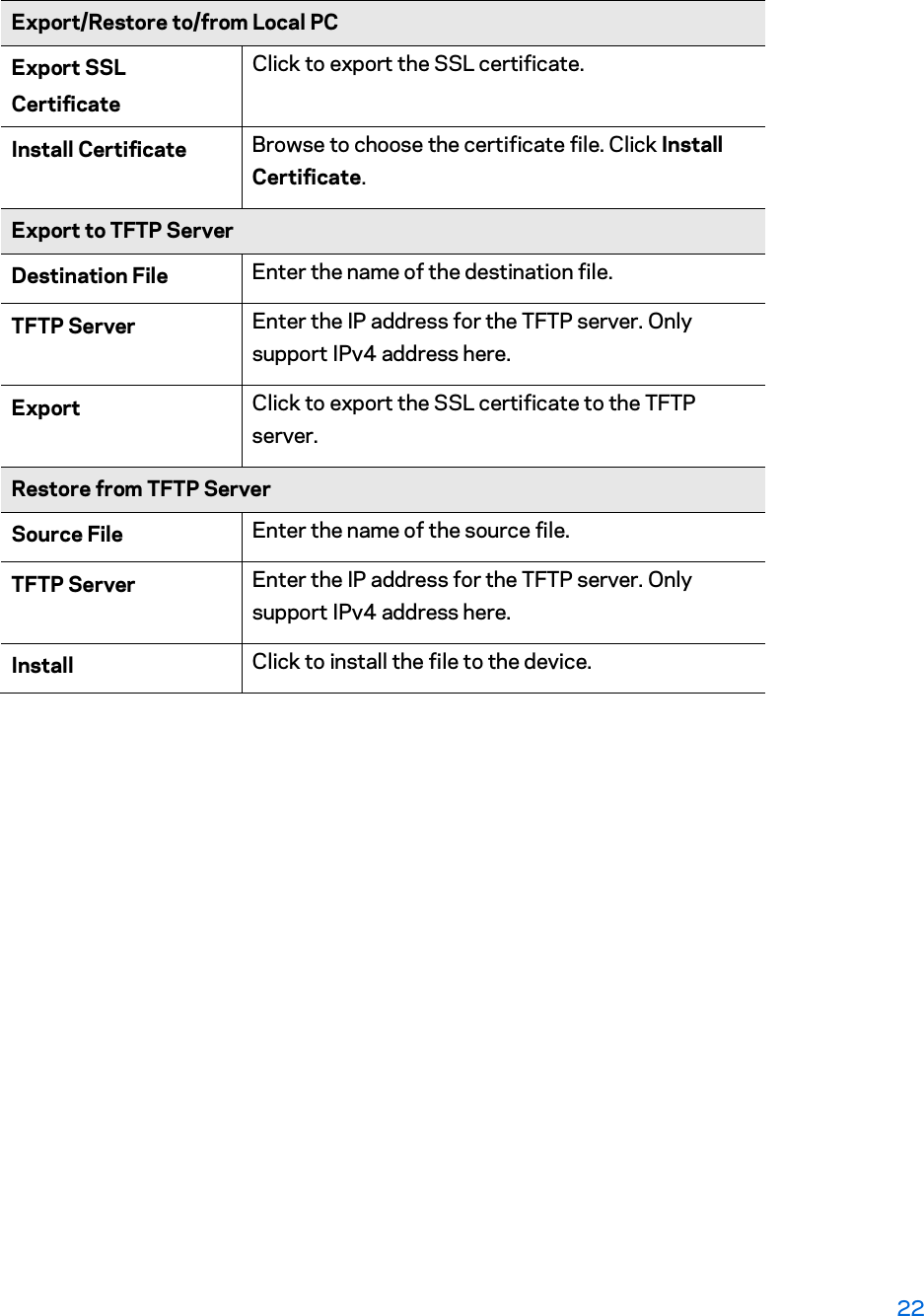 Export/Restore to/from Local PC Export SSL  Certificate Click to export the SSL certificate. Install Certificate  Browse to choose the certificate file. Click Install Certificate. Export to TFTP Server Destination File  Enter the name of the destination file. TFTP Server  Enter the IP address for the TFTP server. Only support IPv4 address here. Export   Click to export the SSL certificate to the TFTP server. Restore from TFTP Server Source File  Enter the name of the source file. TFTP Server  Enter the IP address for the TFTP server. Only support IPv4 address here. Install  Click to install the file to the device. 22 