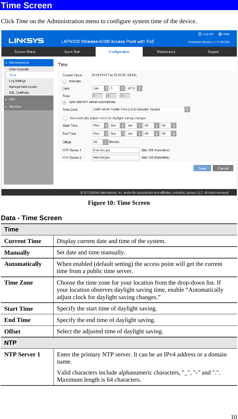  10 Time Screen Click Time on the Administration menu to configure system time of the device.  Figure 10: Time Screen Data - Time Screen Time Current Time  Display current date and time of the system. Manually  Set date and time manually.  Automatically  When enabled (default setting) the access point will get the current time from a public time server. Time Zone  Choose the time zone for your location from the drop-down list. If your location observes daylight saving time, enable “Automatically adjust clock for daylight saving changes.” Start Time  Specify the start time of daylight saving. End Time  Specify the end time of daylight saving. Offset  Select the adjusted time of daylight saving. NTP NTP Server 1  Enter the primary NTP server. It can be an IPv4 address or a domain name. Valid characters include alphanumeric characters, &quot;_&quot;, &quot;-&quot; and &quot;.&quot;. Maximum length is 64 characters. 