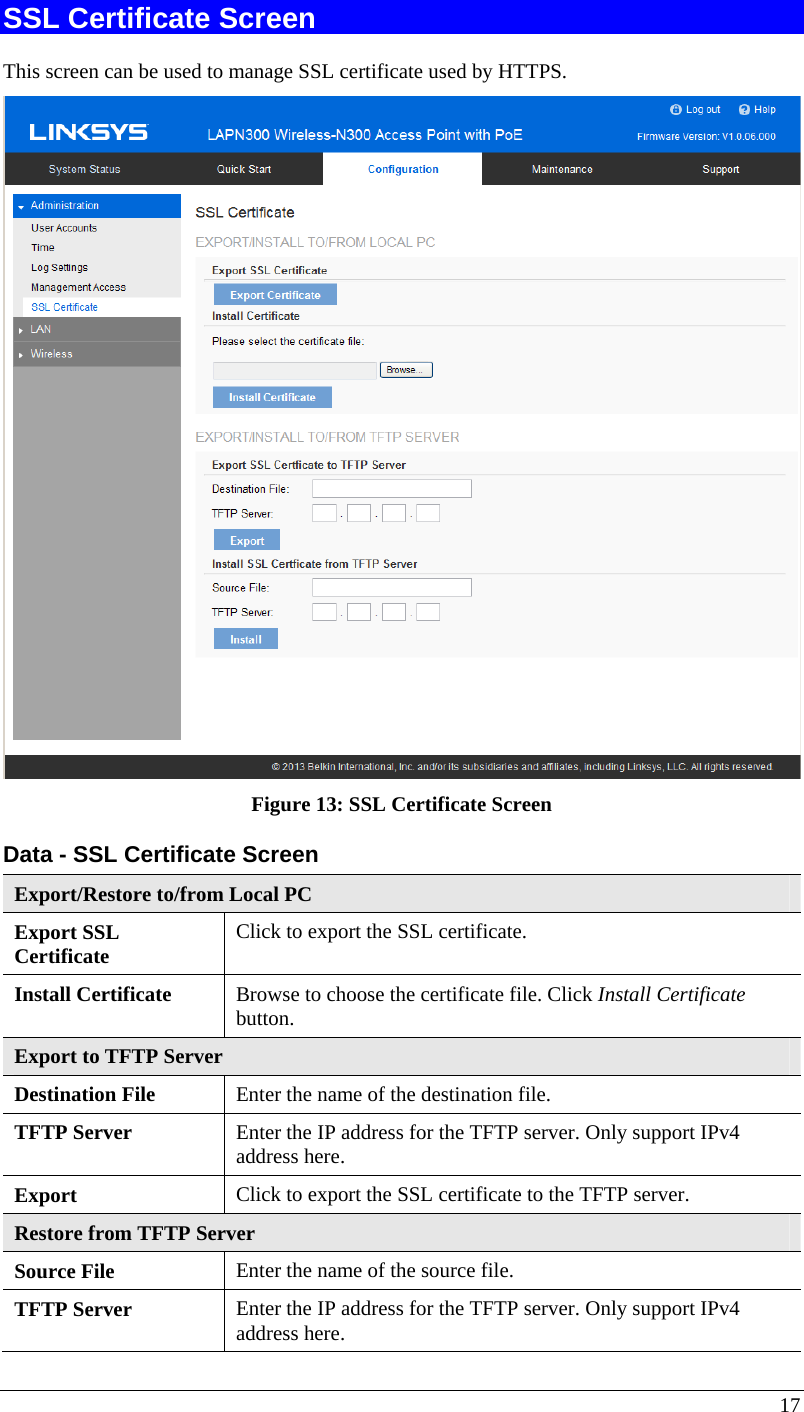  17 SSL Certificate Screen This screen can be used to manage SSL certificate used by HTTPS.  Figure 13: SSL Certificate Screen Data - SSL Certificate Screen Export/Restore to/from Local PC Export SSL  Certificate  Click to export the SSL certificate. Install Certificate  Browse to choose the certificate file. Click Install Certificate button. Export to TFTP Server Destination File  Enter the name of the destination file. TFTP Server  Enter the IP address for the TFTP server. Only support IPv4 address here. Export   Click to export the SSL certificate to the TFTP server. Restore from TFTP Server Source File  Enter the name of the source file. TFTP Server  Enter the IP address for the TFTP server. Only support IPv4 address here. 
