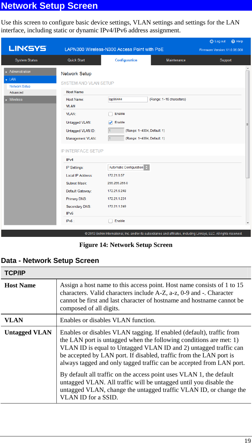  19 Network Setup Screen Use this screen to configure basic device settings, VLAN settings and settings for the LAN  interface, including static or dynamic IPv4/IPv6 address assignment.  Figure 14: Network Setup Screen Data - Network Setup Screen TCP/IP Host Name  Assign a host name to this access point. Host name consists of 1 to 15 characters. Valid characters include A-Z, a-z, 0-9 and -. Character cannot be first and last character of hostname and hostname cannot be composed of all digits. VLAN  Enables or disables VLAN function. Untagged VLAN  Enables or disables VLAN tagging. If enabled (default), traffic from the LAN port is untagged when the following conditions are met: 1) VLAN ID is equal to Untagged VLAN ID and 2) untagged traffic can be accepted by LAN port. If disabled, traffic from the LAN port is always tagged and only tagged traffic can be accepted from LAN port. By default all traffic on the access point uses VLAN 1, the default untagged VLAN. All traffic will be untagged until you disable the untagged VLAN, change the untagged traffic VLAN ID, or change the VLAN ID for a SSID. 