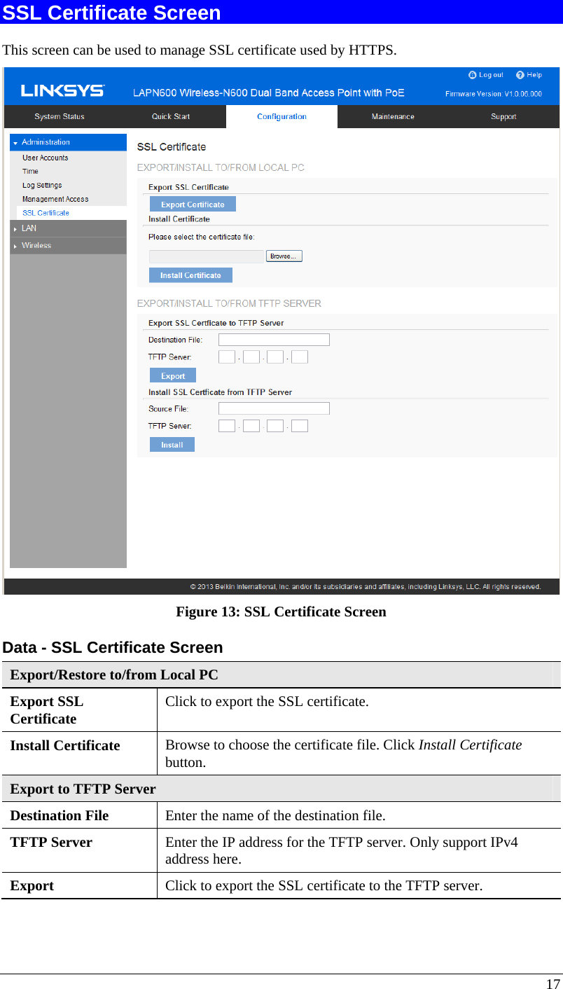  17 SSL Certificate Screen This screen can be used to manage SSL certificate used by HTTPS.  Figure 13: SSL Certificate Screen Data - SSL Certificate Screen Export/Restore to/from Local PC Export SSL  Certificate  Click to export the SSL certificate. Install Certificate  Browse to choose the certificate file. Click Install Certificate button. Export to TFTP Server Destination File  Enter the name of the destination file. TFTP Server  Enter the IP address for the TFTP server. Only support IPv4 address here. Export   Click to export the SSL certificate to the TFTP server. 