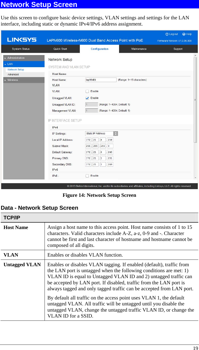  19 Network Setup Screen Use this screen to configure basic device settings, VLAN settings and settings for the LAN  interface, including static or dynamic IPv4/IPv6 address assignment.  Figure 14: Network Setup Screen Data - Network Setup Screen TCP/IP Host Name  Assign a host name to this access point. Host name consists of 1 to 15 characters. Valid characters include A-Z, a-z, 0-9 and -. Character cannot be first and last character of hostname and hostname cannot be composed of all digits. VLAN  Enables or disables VLAN function. Untagged VLAN  Enables or disables VLAN tagging. If enabled (default), traffic from the LAN port is untagged when the following conditions are met: 1) VLAN ID is equal to Untagged VLAN ID and 2) untagged traffic can be accepted by LAN port. If disabled, traffic from the LAN port is always tagged and only tagged traffic can be accepted from LAN port. By default all traffic on the access point uses VLAN 1, the default untagged VLAN. All traffic will be untagged until you disable the untagged VLAN, change the untagged traffic VLAN ID, or change the VLAN ID for a SSID. 