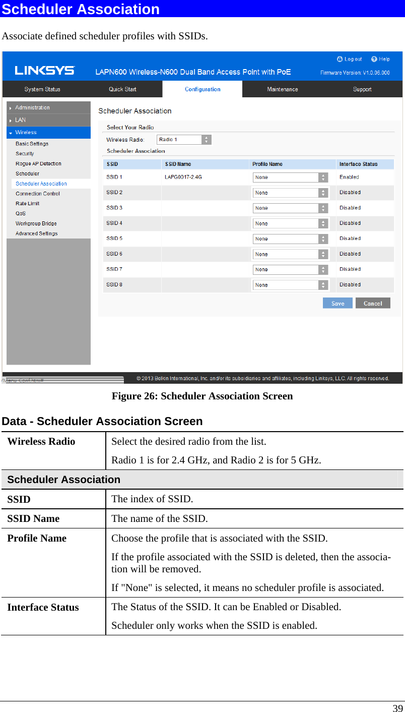  39 Scheduler Association Associate defined scheduler profiles with SSIDs.  Figure 26: Scheduler Association Screen Data - Scheduler Association Screen Wireless Radio  Select the desired radio from the list. Radio 1 is for 2.4 GHz, and Radio 2 is for 5 GHz. Scheduler Association SSID  The index of SSID. SSID Name  The name of the SSID. Profile Name  Choose the profile that is associated with the SSID.  If the profile associated with the SSID is deleted, then the associa-tion will be removed.  If &quot;None&quot; is selected, it means no scheduler profile is associated. Interface Status  The Status of the SSID. It can be Enabled or Disabled. Scheduler only works when the SSID is enabled.  
