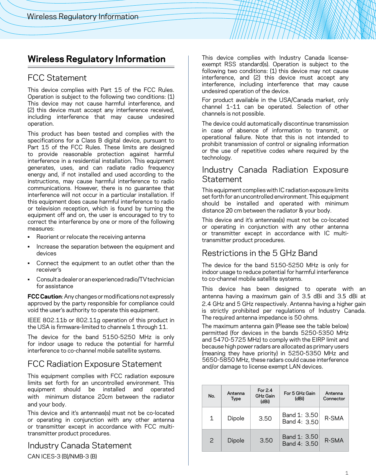 1Wireless Regulatory InformationWireless Regulatory InformationFCC StatementThis device complies with Part 15 of the FCC Rules. Operation is subject to the following two conditions: (1) This device may not cause harmful interference, and (2) this device must accept any interference received, including interference that may cause undesired operation.This product has been tested and complies with the specifications for a Class B digital device, pursuant to Part 15 of the FCC Rules. These limits are designed to provide reasonable protection against harmful interference in a residential installation. This equipment generates, uses, and can radiate radio frequency energy and, if not installed and used according to the instructions, may cause harmful interference to radio communications. However, there is no guarantee that interference will not occur in a particular installation. If this equipment does cause harmful interference to radio or television reception, which is found by turning the equipment off and on, the user is encouraged to try to correct the interference by one or more of the following measures: • Reorient or relocate the receiving antenna • Increase the separation between the equipment anddevices • Connect the equipment to an outlet other than thereceiver’s • Consult a dealer or an experienced radio/TV technician for assistanceFCC Caution: Any changes or modifications not expressly approved by the party responsible for compliance could void the user’s authority to operate this equipment.IEEE 802.11b or 802.11g operation of this product in the USA is firmware-limited to channels 1 through 11.The device for the band 5150-5250 MHz is only for indoor usage to reduce the potential for harmful interference to co-channel mobile satellite systems.FCC Radiation Exposure StatementThis equipment complies with FCC radiation exposure limits set forth for an uncontrolled environment. This equipment  should  be  installed  and  operated with  minimum  distance  20cm  between  the  radiator and your body.This device and it’s antennas(s) must not be co-located or operating in conjunction with any other antenna or transmitter except in accordance with FCC multi-transmitter product procedures.Industry Canada StatementCAN ICES-3 (B)/NMB-3 (B)This device complies with Industry Canada license-exempt RSS standard(s). Operation is subject to the following two conditions: (1) this device may not cause interference, and (2) this device must accept any interference, including interference that may cause undesired operation of the device.For product available in the USA/Canada market, only channel 1~11 can be operated. Selection of other channels is not possible.The device could automatically discontinue transmission in case of absence of information to transmit, or operational failure. Note that this is not intended to prohibit transmission of control or signaling information or the use of repetitive codes where required by the technology.Industry Canada Radiation Exposure StatementThis equipment complies with IC radiation exposure limits set forth for an uncontrolled environment. This equipment should  be  installed  and  operated  with  minimum distance 20 cm between the radiator &amp; your body.This device and it’s antennas(s) must not be co-located or operating in conjunction with any other antenna or transmitter except in accordance with IC multi-transmitter product procedures.Restrictions in the 5 GHz BandThe device for the band 5150-5250 MHz is only for indoor usage to reduce potential for harmful interference to co-channel mobile satellite systems.This  device  has  been  designed  to  operate  with  an antenna having a maximum gain of 3.5 dBi and 3.5 dBi at  2.4 GHz and 5 GHz respectively. Antenna having a higher gain is  strictly prohibited per  regulations  of  Industry  Canada. The required antenna impedance is 50 ohms.The maximum antenna gain (Please see the table below) permitted (for devices in the bands 5250-5350 MHz and 5470-5725 MHz) to comply with the EIRP limit and because high power radars are allocated as primary users (meaning they have priority) in 5250-5350 MHz and 5650-5850 MHz, these radars could cause interference and/or damage to license exempt LAN devices.No. Antenna TypeFor 2.4 GHz Gain (dBi)For 5 GHz Gain (dBi)Antenna Connector1 Dipole Band 1:  Band 4:  R-SMA2 Dipole Band 1:  Band 4:  R-SMA3.503.503.503.503.503.50