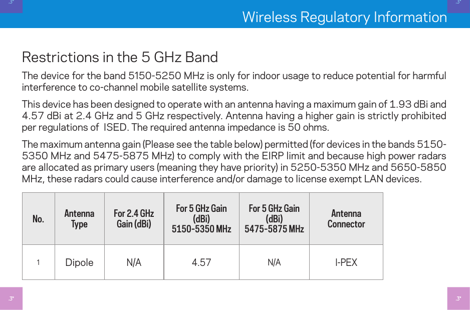 Wireless Regulatory InformationRestrictions in the 5 GHz BandThe device for the band 550-5250 MHz is only for indoor usage to reduce potential for harmful interference to co-channel mobile satellite systems.This device has been designed to operate with an antenna having a maximum gain of 1.93 dBi and 4.57 dBi at 2.4 GHz and 5 GHz respectively. Antenna having a higher gain is strictly prohibited per regulations of  ISED. The required antenna impedance is 50 ohms.The maximum antenna gain (Please see the table below) permitted (for devices in the bands 5150-5350 MHz and 5475-5875 MHz) to comply with the EIRP limit and because high power radars are allocated as primary users (meaning they have priority) in 5250-5350 MHz and 5650-5850 MHz, these radars could cause interference and/or damage to license exempt LAN devices.No. Antenna TypeFor 2.4 GHz Gain (dBi)For 5 GHz Gain (dBi) 5150-5350 MHzFor 5 GHz Gain (dBi) 5475-5875 MHzAntenna ConnectorDipoleN/A 4.57 N/A I-PEX.3&quot;.3&quot;.3&quot;.3&quot;