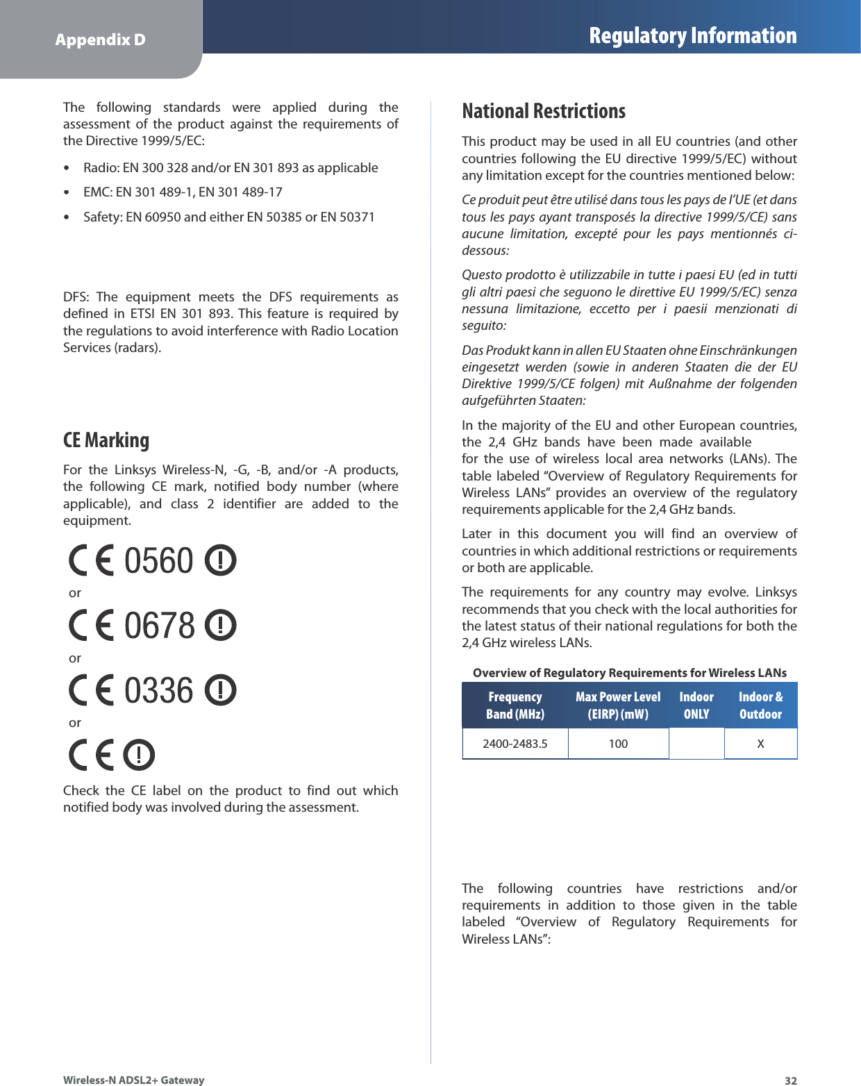 Appendix D Regulatory Information32Wireless-N ADSL2+ GatewayThe following standards were applied during the assessment of the product against the requirements of the Directive 1999/5/EC:Radio: EN 300 328 and/or EN 301 893 as applicableEMC: EN 301 489-1, EN 301 489-17Safety: EN 60950 and either EN 50385 or EN 50371DFS: The equipment meets the DFS requirements as defined in ETSI EN 301 893. This feature is required by the regulations to avoid interference with Radio Location Services (radars).CE MarkingFor the Linksys Wireless-N, -G, -B, and/or -A products,the following CE mark, notified body number (whereapplicable), and class 2 identifier are added to the equipment.orororCheck the CE label on the product to find out which notified body was involved during the assessment.•••National RestrictionsThis product may be used in all EU countries (and other countries following the EU directive 1999/5/EC) without any limitation except for the countries mentioned below:Ceproduitpeutêtreutilisédanstouslespaysdel’UE(etdanstouslespaysayanttransposésladirective1999/5/CE)sansaucunelimitation,exceptépourlespaysmentionnésci-dessous:QuestoprodottoèutilizzabileintutteipaesiEU(edintuttiglialtripaesicheseguonoledirettiveEU1999/5/EC)senzanessunalimitazione,eccettoperipaesiimenzionatidiseguito:DasProduktkanninallenEUStaatenohneEinschränkungeneingesetztwerden(sowieinanderenStaatendiederEUDirektive1999/5/CEfolgen)mitAußnahmederfolgendenaufgeführtenStaaten:In the majority of the EU and other European countries, the 2,4GHz bands have been made availablefor the use of wireless local area networks (LANs). The table labeled “Overview of Regulatory Requirements forWireless LANs” provides an overview of the regulatory requirements applicablefor the 2,4ff GHz bands.Later in this document you will find an overview of countries in which additional restrictions or requirements or both are applicable.The requirements for any country may evolve. Linksysrecommends that you check with the local authorities for the latest status of their national regulations for both the 2,4 GHz wireless LANs.Overview of Regulatory Requirements for Wireless LANsFrequency Band (MHz)Max Power Level (EIRP) (mW)IndoorONLYIndoor &amp; Outdoor2400-2483.5100XThe following countries have restrictions and/orrequirements in addition to those given in the table labeled “Overview of Regulatory Requirements forWireless LANs”: