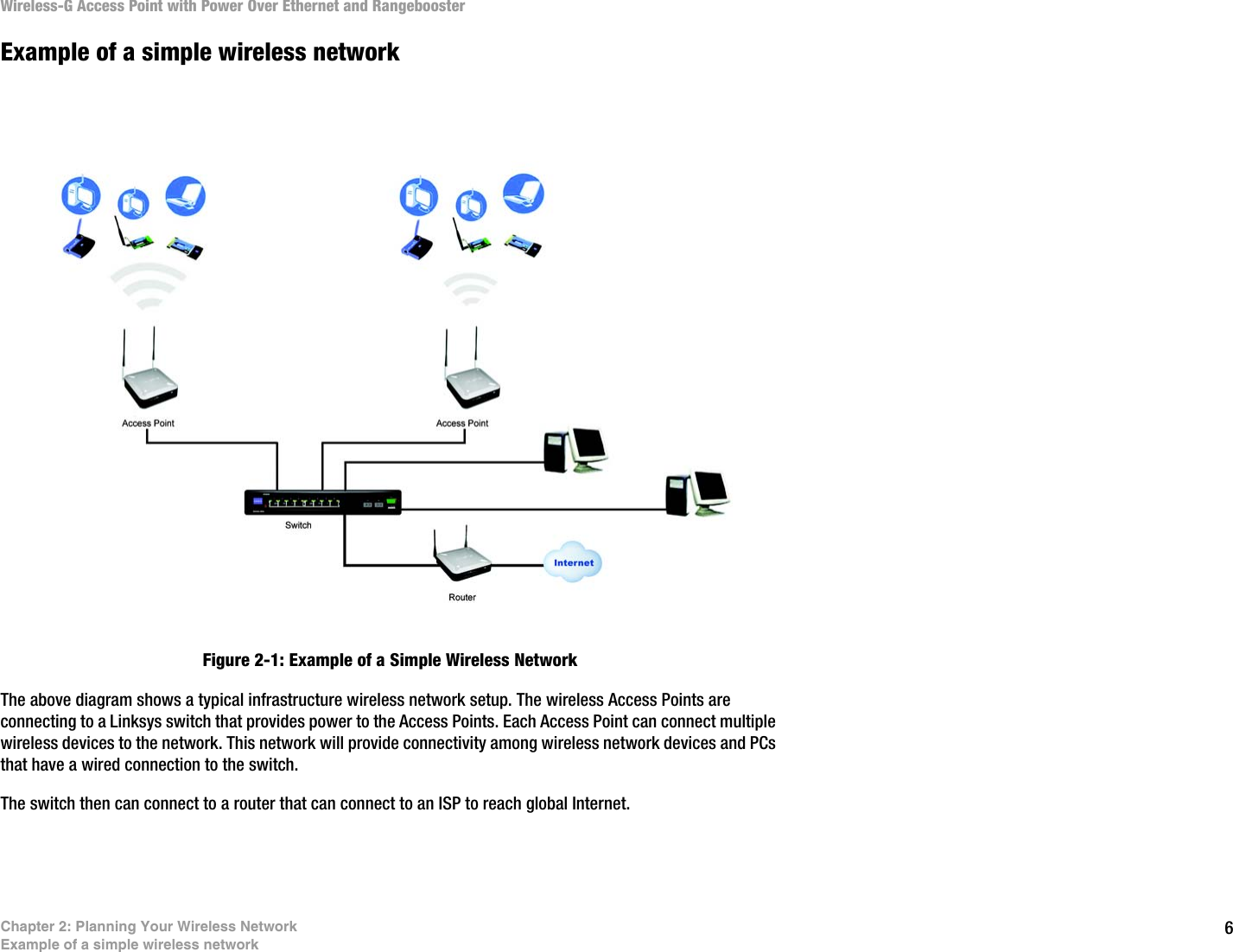 6Chapter 2: Planning Your Wireless NetworkExample of a simple wireless networkWireless-G Access Point with Power Over Ethernet and RangeboosterExample of a simple wireless networkFigure 2-1: Example of a Simple Wireless NetworkThe above diagram shows a typical infrastructure wireless network setup. The wireless Access Points are connecting to a Linksys switch that provides power to the Access Points. Each Access Point can connect multiple wireless devices to the network. This network will provide connectivity among wireless network devices and PCs that have a wired connection to the switch. The switch then can connect to a router that can connect to an ISP to reach global Internet.