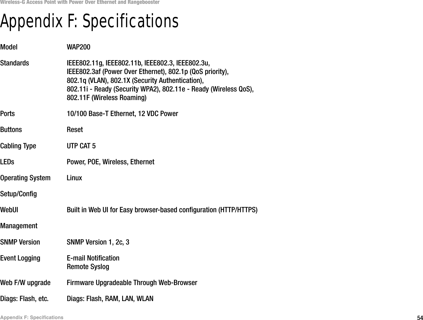 54Appendix F: SpecificationsWireless-G Access Point with Power Over Ethernet and RangeboosterAppendix F: SpecificationsModel WAP200Standards IEEE802.11g, IEEE802.11b, IEEE802.3, IEEE802.3u, IEEE802.3af (Power Over Ethernet), 802.1p (QoS priority), 802.1q (VLAN), 802.1X (Security Authentication), 802.11i - Ready (Security WPA2), 802.11e - Ready (Wireless QoS), 802.11F (Wireless Roaming)Ports 10/100 Base-T Ethernet, 12 VDC PowerButtons ResetCabling Type UTP CAT 5 LEDs Power, POE, Wireless, EthernetOperating System LinuxSetup/ConfigWebUI Built in Web UI for Easy browser-based configuration (HTTP/HTTPS)ManagementSNMP Version SNMP Version 1, 2c, 3Event Logging E-mail NotificationRemote SyslogWeb F/W upgrade Firmware Upgradeable Through Web-BrowserDiags: Flash, etc. Diags: Flash, RAM, LAN, WLAN