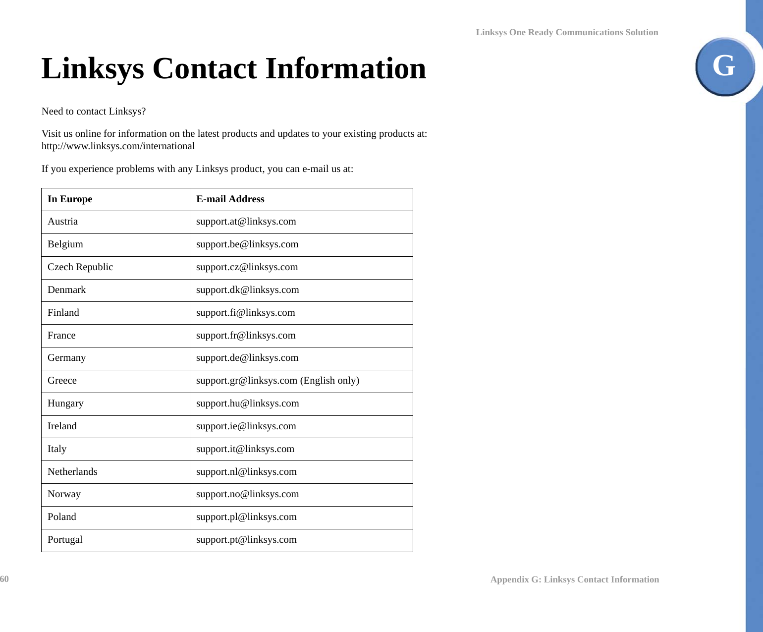 60 Appendix G: Linksys Contact InformationLinksys One Ready Communications SolutionGLinksys Contact InformationNeed to contact Linksys?Visit us online for information on the latest products and updates to your existing products at: http://www.linksys.com/internationalIf you experience problems with any Linksys product, you can e-mail us at:In Europe E-mail AddressAustria support.at@linksys.comBelgium support.be@linksys.comCzech Republic support.cz@linksys.comDenmark support.dk@linksys.comFinland support.fi@linksys.comFrance support.fr@linksys.comGermany support.de@linksys.comGreece support.gr@linksys.com (English only)Hungary support.hu@linksys.comIreland support.ie@linksys.comItaly support.it@linksys.comNetherlands support.nl@linksys.comNorway support.no@linksys.comPoland support.pl@linksys.comPortugal support.pt@linksys.com