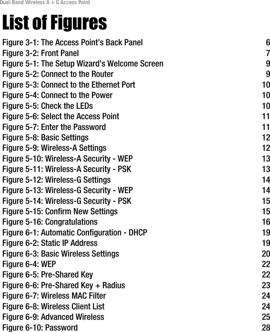 Dual-Band Wireless A + G Access PointList of FiguresFigure 3-1: The Access Point’s Back Panel 6Figure 3-2: Front Panel 7Figure 5-1: The Setup Wizard’s Welcome Screen 9Figure 5-2: Connect to the Router 9Figure 5-3: Connect to the Ethernet Port 10Figure 5-4: Connect to the Power 10Figure 5-5: Check the LEDs 10Figure 5-6: Select the Access Point 11Figure 5-7: Enter the Password 11Figure 5-8: Basic Settings 12Figure 5-9: Wireless-A Settings 12Figure 5-10: Wireless-A Security - WEP 13Figure 5-11: Wireless-A Security - PSK 13Figure 5-12: Wireless-G Settings 14Figure 5-13: Wireless-G Security - WEP 14Figure 5-14: Wireless-G Security - PSK 15Figure 5-15: Confirm New Settings 15Figure 5-16: Congratulations 16Figure 6-1: Automatic Configuration - DHCP 19Figure 6-2: Static IP Address 19Figure 6-3: Basic Wireless Settings 20Figure 6-4: WEP 22Figure 6-5: Pre-Shared Key 22Figure 6-6: Pre-Shared Key + Radius 23Figure 6-7: Wireless MAC Filter 24Figure 6-8: Wireless Client List 24Figure 6-9: Advanced Wireless 25Figure 6-10: Password 28