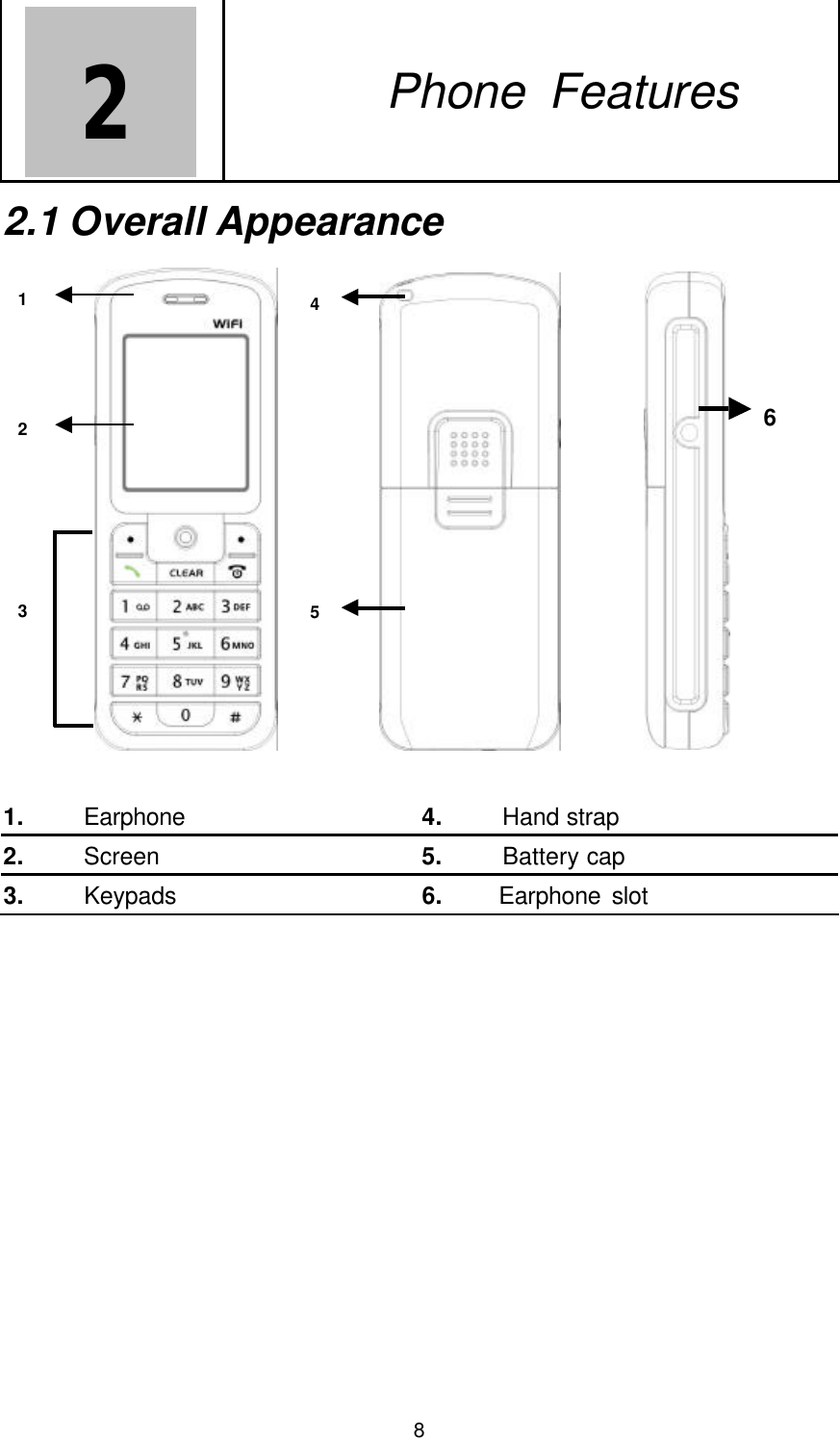  8 2   2. Phone Features 2.1 Overall Appearance  1 2 3  4 5         6   1.     Earphone 4.     Hand strap 2.     Screen 5.     Battery cap 3.     Keypads 6.     Earphone slot  