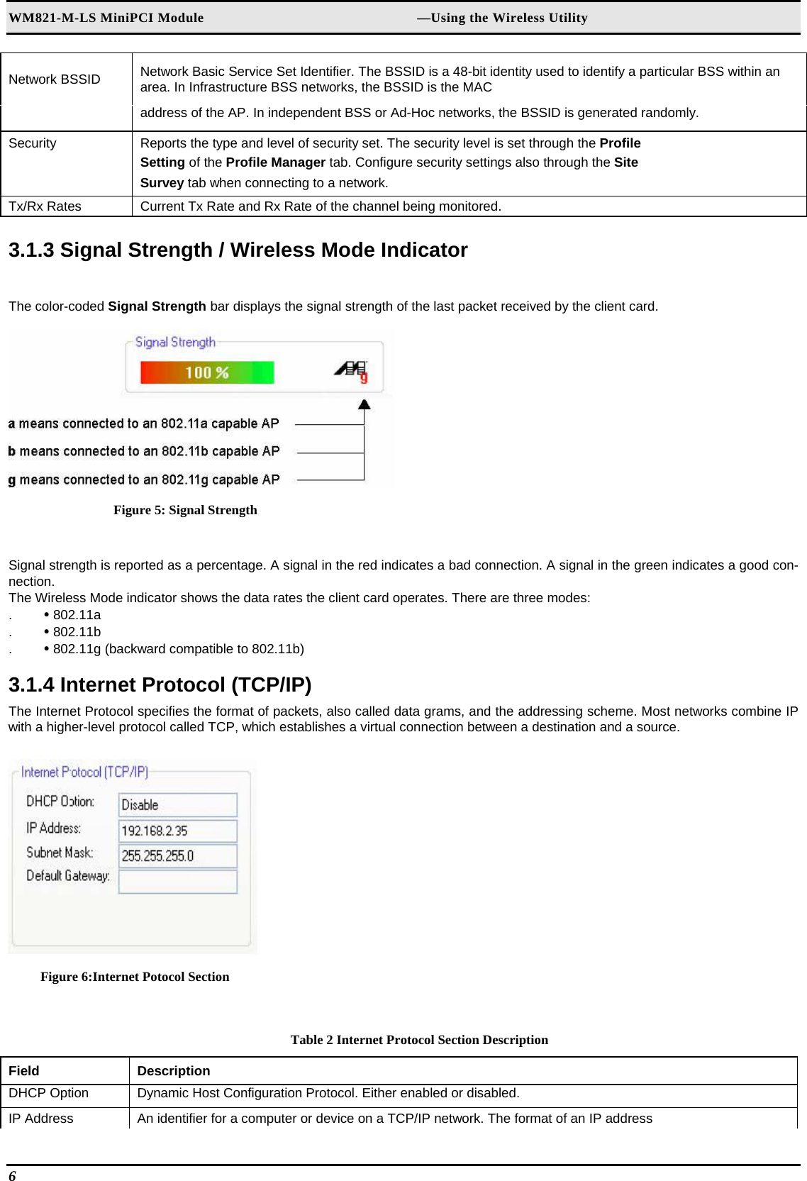 WM821-M-LS MiniPCI Module                                                        —Using the Wireless Utility 6   Network BSSID   Network Basic Service Set Identifier. The BSSID is a 48-bit identity used to identify a particular BSS within an area. In Infrastructure BSS networks, the BSSID is the MAC   address of the AP. In independent BSS or Ad-Hoc networks, the BSSID is generated randomly.  Security   Reports the type and level of security set. The security level is set through the Profile   Setting of the Profile Manager tab. Configure security settings also through the Site   Survey tab when connecting to a network.  Tx/Rx Rates   Current Tx Rate and Rx Rate of the channel being monitored.   3.1.3 Signal Strength / Wireless Mode Indicator  The color-coded Signal Strength bar displays the signal strength of the last packet received by the client card.   Figure 5: Signal Strength  Signal strength is reported as a percentage. A signal in the red indicates a bad connection. A signal in the green indicates a good con-nection.  The Wireless Mode indicator shows the data rates the client card operates. There are three modes:  .  • 802.11a  .  • 802.11b  .  • 802.11g (backward compatible to 802.11b)   3.1.4 Internet Protocol (TCP/IP)  The Internet Protocol specifies the format of packets, also called data grams, and the addressing scheme. Most networks combine IP with a higher-level protocol called TCP, which establishes a virtual connection between a destination and a source.   Figure 6:Internet Potocol Section  Table 2 Internet Protocol Section Description Field  Description  DHCP Option   Dynamic Host Configuration Protocol. Either enabled or disabled.  IP Address   An identifier for a computer or device on a TCP/IP network. The format of an IP address  