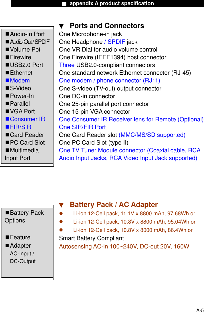                    ■ appendix A product specification                    ▼  Ports and Connectors One Microphone-in jack One Headphone / SPDIF jack One VR Dial for audio volume control One Firewire (IEEE1394) host connector Three USB2.0-compliant connectors One standard network Ethernet connector (RJ-45) One modem / phone connector (RJ11) One S-video (TV-out) output connector One DC-in connector One 25-pin parallel port connector One 15-pin VGA connector One Consumer IR Receiver lens for Remote (Optional) One SIR/FIR Port One Card Reader slot (MMC/MS/SD supported) One PC Card Slot (type II) One TV Tuner Module connector (Coaxial cable, RCA Audio Input Jacks, RCA Video Input Jack supported)      ▼  Battery Pack / AC Adapter   Li-ion 12-Cell pack, 11.1V x 8800 mAh, 97.68Wh or   Li-ion 12-Cell pack, 10.8V x 8800 mAh, 95.04Wh or   Li-ion 12-Cell pack, 10.8V x 8000 mAh, 86.4Wh or Smart Battery Compliant Autosensing AC-in 100~240V, DC-out 20V, 160W   Audio-In Port  Audio-Out / SPDIF  Volume Pot  Firewire  USB2.0 Port  Ethernet  Modem  S-Video  Power-In  Parallel  VGA Port  Consumer IR  FIR/SIR  Card Reader  PC Card Slot  Multimedia Input Port  Battery Pack Options   Feature  Adapter    AC-Input /    DC-Output    A-5 