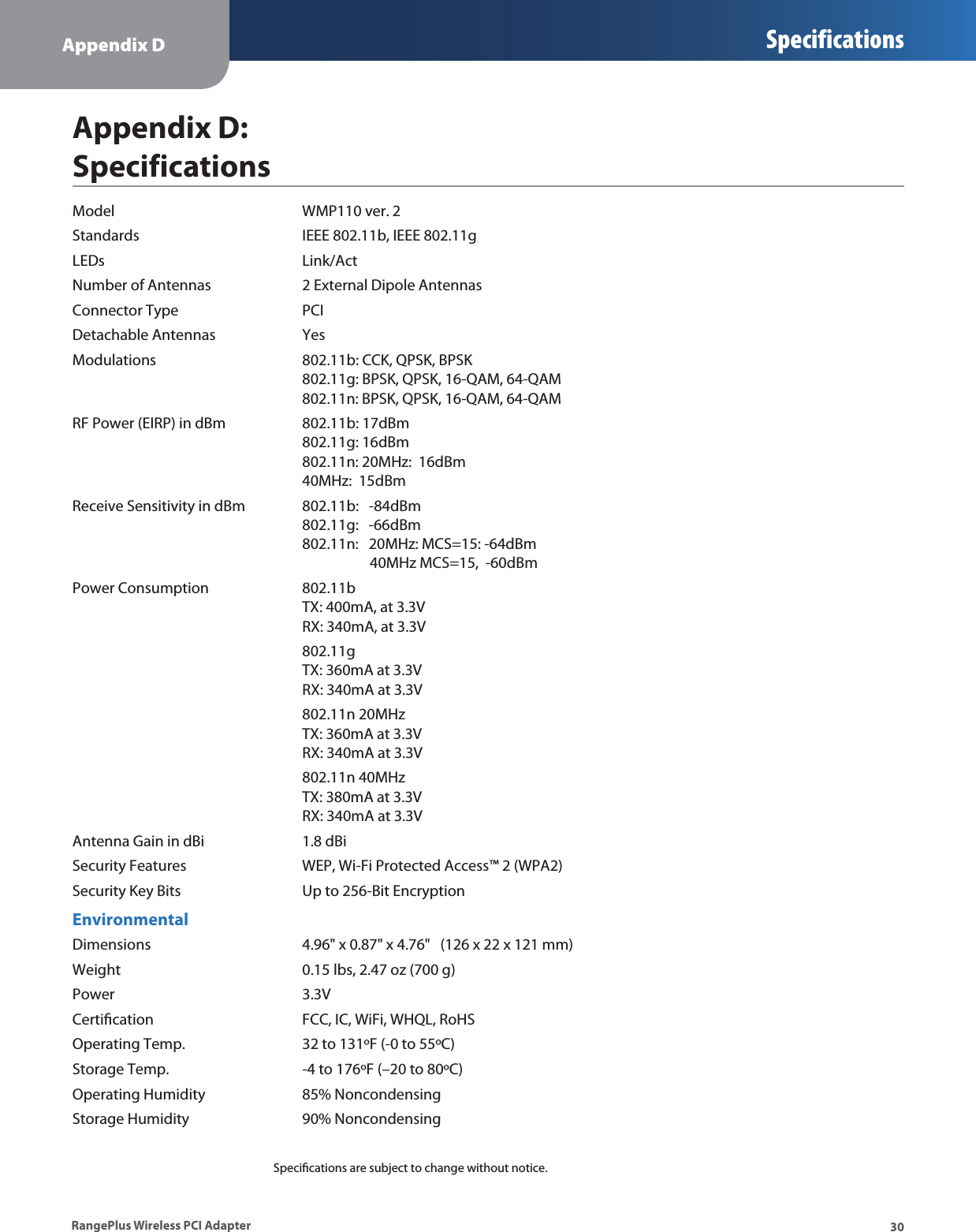 Appendix D Specifications30RangePlus Wireless PCI AdapterAppendix D: SpecificationsModel     WMP110 ver. 2Standards      IEEE 802.11b, IEEE 802.11gLEDs    Link/ActNumber of Antennas     2 External Dipole AntennasConnector Type      PCIDetachable Antennas     YesModulations    802.11b: CCK, QPSK, BPSK           802.11g: BPSK, QPSK, 16-QAM, 64-QAM           802.11n: BPSK, QPSK, 16-QAM, 64-QAM RF Power (EIRP) in dBm  802.11b: 17dBm             802.11g: 16dBm             802.11n: 20MHz:  16dBm             40MHz:  15dBm Receive Sensitivity in dBm 802.11b:   -84dBm            802.11g:   -66dBm            802.11n:   20MHz: MCS=15: -64dBm                 40MHz MCS=15,  -60dBmPower Consumption   802.11b             TX: 400mA, at 3.3V             RX: 340mA, at 3.3V  802.11g             TX: 360mA at 3.3V             RX: 340mA at 3.3V  802.11n 20MHz            TX: 360mA at 3.3V             RX: 340mA at 3.3V  802.11n 40MHz            TX: 380mA at 3.3V             RX: 340mA at 3.3VAntenna Gain in dBi      1.8 dBiSecurity Features      WEP, Wi-Fi Protected Access™ 2 (WPA2)Security Key Bits      Up to 256-Bit EncryptionEnvironmentalDimensions      4.96&quot; x 0.87&quot; x 4.76&quot;   (126 x 22 x 121 mm)Weight     0.15 lbs, 2.47 oz (700 g)Power    3.3VCertiﬁcation      FCC, IC, WiFi, WHQL, RoHSOperating Temp.      32 to 131ºF (-0 to 55ºC)Storage Temp.      -4 to 176ºF (–20 to 80ºC)Operating Humidity      85% NoncondensingStorage Humidity     90% NoncondensingSpeciﬁcations are subject to change without notice.