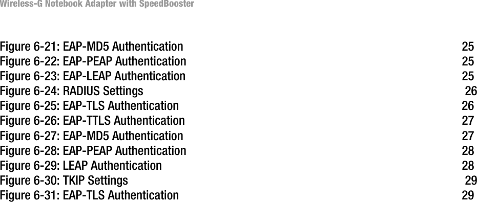 Wireless-G Notebook Adapter with SpeedBoosterFigure 6-21: EAP-MD5 Authentication  25Figure 6-22: EAP-PEAP Authentication  25Figure 6-23: EAP-LEAP Authentication  25Figure 6-24: RADIUS Settings  26Figure 6-25: EAP-TLS Authentication  26Figure 6-26: EAP-TTLS Authentication  27Figure 6-27: EAP-MD5 Authentication  27Figure 6-28: EAP-PEAP Authentication  28Figure 6-29: LEAP Authentication  28Figure 6-30: TKIP Settings  29Figure 6-31: EAP-TLS Authentication  29