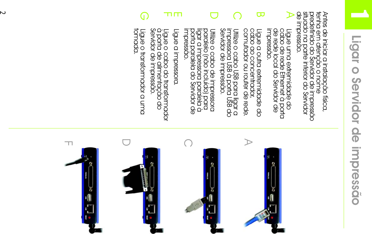 21Antes de iniciar a instalação física, tenha em atenção o nome predefinido do Servidor de impressão situado na parte inferior do Servidor de impressão.ALigue uma extremidade do cabo de rede Ethernet à porta de rede local do Servidor de impressão.BLigue a outra extremidade do cabo ao concentrador, comutador ou router de rede.CUtilize o cabo USB para ligar a impressora USB à porta USB do Servidor de impressão.DUtilize o cabo de impressora paralelo (não incluído) para ligar a impressora paralela à porta paralela do Servidor de impressão.ELigue a impressora.FLigue o cabo do transformador à porta de alimentação do Servidor de impressão.GLigue o transformador a uma tomada.Ligar o Servidor de impressãoACDF