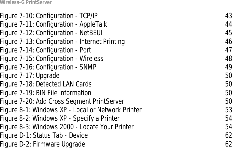 Wireless-G PrintServerFigure 7-10: Configuration - TCP/IP 43Figure 7-11: Configuration - AppleTalk 44Figure 7-12: Configuration - NetBEUI 45Figure 7-13: Configuration - Internet Printing 46Figure 7-14: Configuration - Port 47Figure 7-15: Configuration - Wireless 48Figure 7-16: Configuration - SNMP 49Figure 7-17: Upgrade 50Figure 7-18: Detected LAN Cards 50Figure 7-19: BIN File Information 50Figure 7-20: Add Cross Segment PrintServer 50Figure 8-1: Windows XP - Local or Network Printer 53Figure 8-2: Windows XP - Specify a Printer 54Figure 8-3: Windows 2000 - Locate Your Printer 54Figure D-1: Status Tab - Device 62Figure D-2: Firmware Upgrade 62