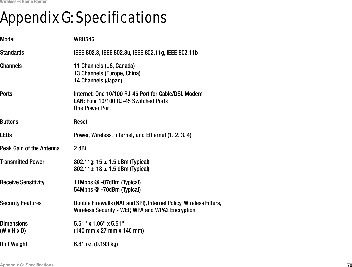 70Appendix G: SpecificationsWireless-G Home RouterAppendix G: SpecificationsModel WRH54GStandards IEEE 802.3, IEEE 802.3u, IEEE 802.11g, IEEE 802.11bChannels 11 Channels (US, Canada)13 Channels (Europe, China)14 Channels (Japan)Ports Internet: One 10/100 RJ-45 Port for Cable/DSL ModemLAN: Four 10/100 RJ-45 Switched PortsOne Power PortButtons ResetLEDs Power, Wireless, Internet, and Ethernet (1, 2, 3, 4)Peak Gain of the Antenna 2 dBiTransmitted Power 802.11g: 15 ± 1.5 dBm (Typical)802.11b: 18 ± 1.5 dBm (Typical)Receive Sensitivity 11Mbps @ -87dBm (Typical)54Mbps @ -70dBm (Typical)Security Features Double Firewalls (NAT and SPI), Internet Policy, Wireless Filters, Wireless Security - WEP, WPA and WPA2 EncryptionDimensions 5.51&quot; x 1.06&quot; x 5.51&quot;(W x H x D) (140 mm x 27 mm x 140 mm)Unit Weight 6.81 oz. (0.193 kg)