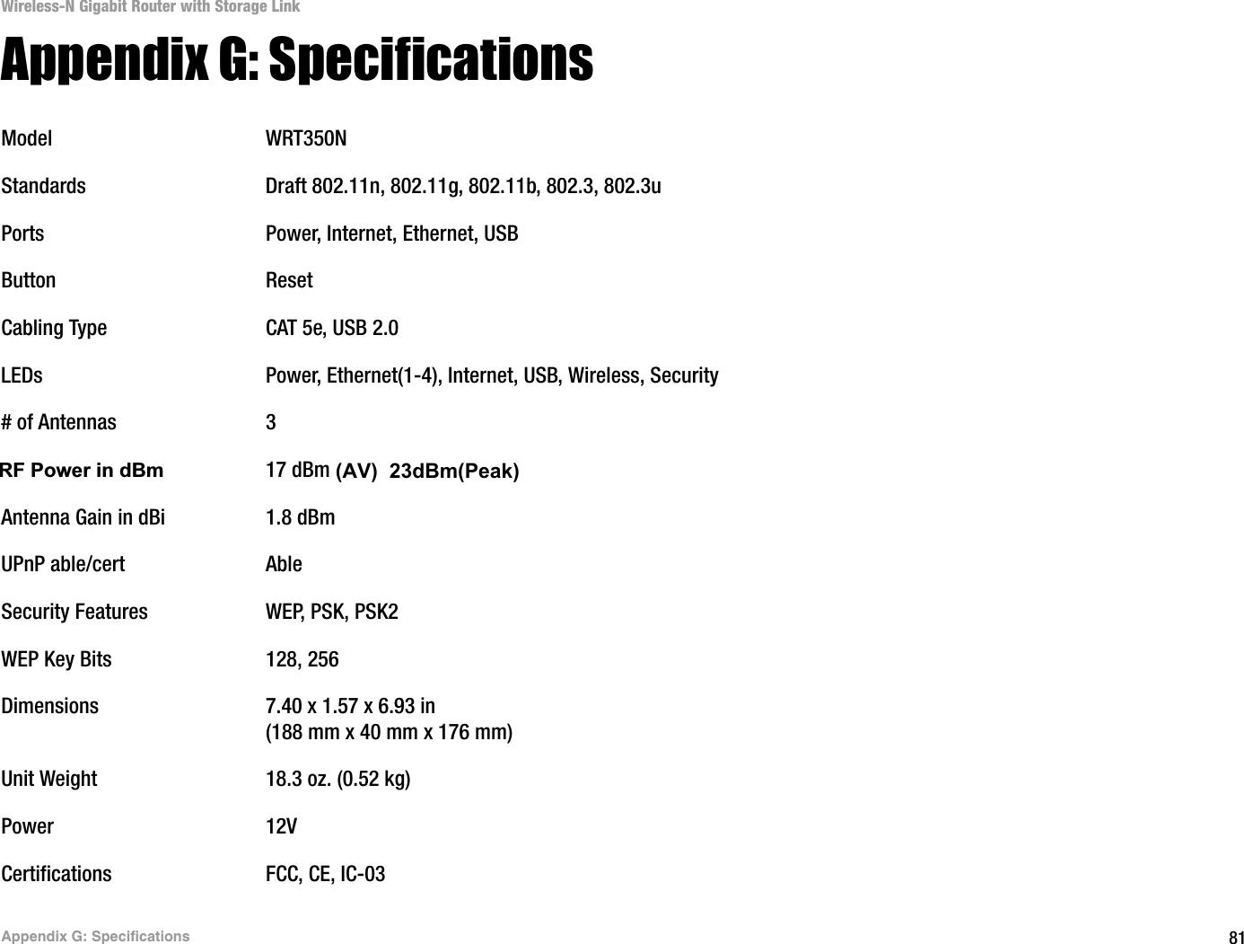 81Appendix G: SpecificationsWireless-N Gigabit Router with Storage LinkAppendix G: SpecificationsModel WRT350NStandards Draft 802.11n, 802.11g, 802.11b, 802.3, 802.3uPorts Power, Internet, Ethernet, USBButton ResetCabling Type CAT 5e, USB 2.0LEDs Power, Ethernet(1-4), Internet, USB, Wireless, Security# of Antennas 3RF Pwr (EIRP) in dBm 17 dBmAntenna Gain in dBi 1.8 dBmUPnP able/cert AbleSecurity Features WEP, PSK, PSK2WEP Key Bits 128, 256Dimensions 7.40 x 1.57 x 6.93 in(188 mm x 40 mm x 176 mm)Unit Weight 18.3 oz. (0.52 kg)Power 12VCertifications FCC, CE, IC-03RF Power in dBm(AV)  23dBm(Peak)