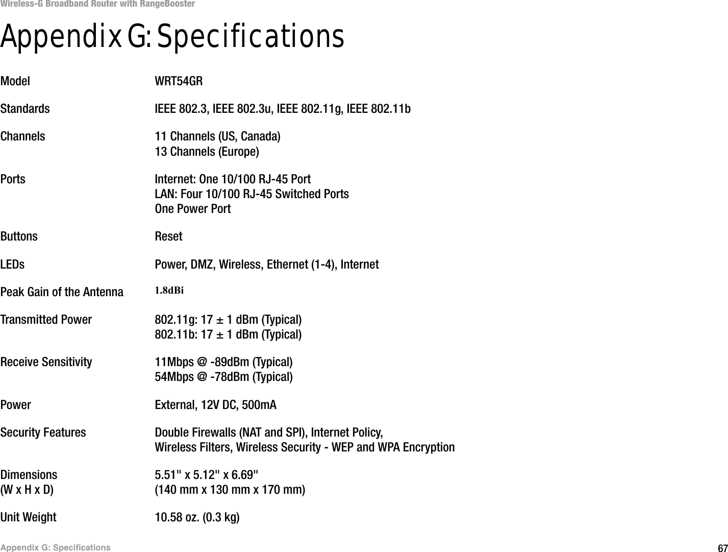 67Appendix G: SpecificationsWireless-G Broadband Router with RangeBoosterAppendix G: SpecificationsModel WRT54GRStandards IEEE 802.3, IEEE 802.3u, IEEE 802.11g, IEEE 802.11bChannels 11 Channels (US, Canada)13 Channels (Europe)Ports Internet: One 10/100 RJ-45 PortLAN: Four 10/100 RJ-45 Switched PortsOne Power PortButtons ResetLEDs Power, DMZ, Wireless, Ethernet (1-4), InternetPeak Gain of the Antenna 2 dBiTransmitted Power 802.11g: 17 ± 1 dBm (Typical)802.11b: 17 ± 1 dBm (Typical)Receive Sensitivity 11Mbps @ -89dBm (Typical)54Mbps @ -78dBm (Typical)Power External, 12V DC, 500mASecurity Features Double Firewalls (NAT and SPI), Internet Policy, Wireless Filters, Wireless Security - WEP and WPA Encryption Dimensions 5.51&quot; x 5.12&quot; x 6.69&quot;(W x H x D) (140 mm x 130 mm x 170 mm)Unit Weight 10.58 oz. (0.3 kg)1.8dBi