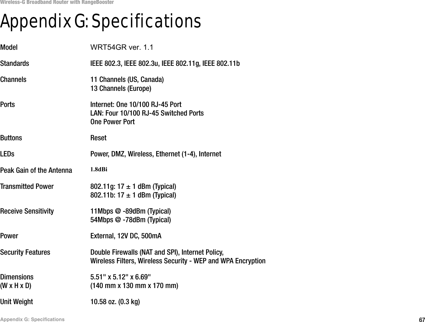 67Appendix G: SpecificationsWireless-G Broadband Router with RangeBoosterAppendix G: SpecificationsModel WRT54GR ver. 1.1Standards IEEE 802.3, IEEE 802.3u, IEEE 802.11g, IEEE 802.11bChannels 11 Channels (US, Canada)13 Channels (Europe)Ports Internet: One 10/100 RJ-45 PortLAN: Four 10/100 RJ-45 Switched PortsOne Power PortButtons ResetLEDs Power, DMZ, Wireless, Ethernet (1-4), InternetPeak Gain of the Antenna 2 dBiTransmitted Power 802.11g: 17 ± 1 dBm (Typical)802.11b: 17 ± 1 dBm (Typical)Receive Sensitivity 11Mbps @ -89dBm (Typical)54Mbps @ -78dBm (Typical)Power External, 12V DC, 500mASecurity Features Double Firewalls (NAT and SPI), Internet Policy, Wireless Filters, Wireless Security - WEP and WPA Encryption Dimensions 5.51&quot; x 5.12&quot; x 6.69&quot;(W x H x D) (140 mm x 130 mm x 170 mm)Unit Weight 10.58 oz. (0.3 kg)1.8dBi