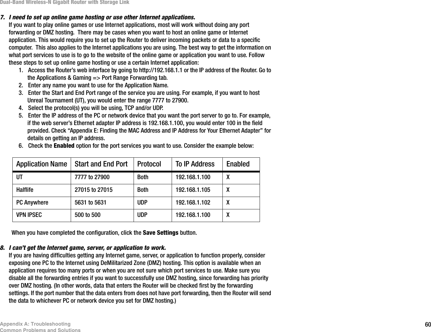 60Appendix A: TroubleshootingCommon Problems and SolutionsDual-Band Wireless-N Gigabit Router with Storage Link7. I need to set up online game hosting or use other Internet applications.If you want to play online games or use Internet applications, most will work without doing any port forwarding or DMZ hosting.  There may be cases when you want to host an online game or Internet application. This would require you to set up the Router to deliver incoming packets or data to a specific computer.  This also applies to the Internet applications you are using. The best way to get the information on what port services to use is to go to the website of the online game or application you want to use. Follow these steps to set up online game hosting or use a certain Internet application:1. Access the Router’s web interface by going to http://192.168.1.1 or the IP address of the Router. Go to the Applications &amp; Gaming =&gt; Port Range Forwarding tab.2. Enter any name you want to use for the Application Name.3. Enter the Start and End Port range of the service you are using. For example, if you want to host Unreal Tournament (UT), you would enter the range 7777 to 27900.4. Select the protocol(s) you will be using, TCP and/or UDP. 5. Enter the IP address of the PC or network device that you want the port server to go to. For example, if the web server’s Ethernet adapter IP address is 192.168.1.100, you would enter 100 in the field provided. Check “Appendix E: Finding the MAC Address and IP Address for Your Ethernet Adapter” for details on getting an IP address.6. Check the Enabled option for the port services you want to use. Consider the example below:When you have completed the configuration, click the Save Settings button.8. I can’t get the Internet game, server, or application to work.If you are having difficulties getting any Internet game, server, or application to function properly, consider exposing one PC to the Internet using DeMilitarized Zone (DMZ) hosting. This option is available when an application requires too many ports or when you are not sure which port services to use. Make sure you disable all the forwarding entries if you want to successfully use DMZ hosting, since forwarding has priority over DMZ hosting. (In other words, data that enters the Router will be checked first by the forwarding settings. If the port number that the data enters from does not have port forwarding, then the Router will send the data to whichever PC or network device you set for DMZ hosting.) Application Name Start and End Port Protocol To IP Address EnabledUT 7777 to 27900 Both 192.168.1.100 XHalflife 27015 to 27015 Both 192.168.1.105 XPC Anywhere 5631 to 5631 UDP 192.168.1.102 XVPN IPSEC 500 to 500 UDP 192.168.1.100 X