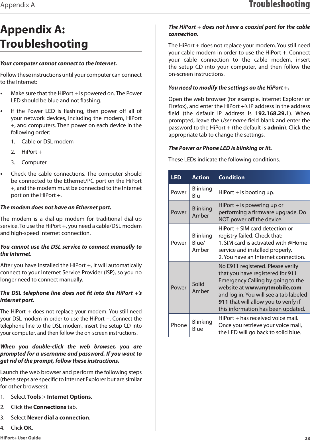 28HiPort+ User GuideAppendix A TroubleshootingAppendix A:  TroubleshootingYour computer cannot connect to the Internet. Follow these instructions until your computer can connect to the Internet:Make sure that the HiPort + is powered on. The Power  •LED should be blue and not flashing.If  the  Power  LED  is  flashing,  then  power  off  all  of  •your network devices, including the modem, HiPort +, and computers. Then power on each device in the following order:Cable or DSL modem1. HiPort +2. Computer3. Check  the  cable  connections. The computer  should  •be connected to the Ethernet/PC port on the HiPort +, and the modem must be connected to the Internet port on the HiPort +.The modem does not have an Ethernet port.The  modem  is  a  dial-up  modem  for  traditional  dial-up service. To use the HiPort +, you need a cable/DSL modem and high-speed Internet connection.You cannot use the DSL service to connect manually to the Internet.After you have installed the HiPort +, it will automatically connect to your Internet Service Provider (ISP), so you no longer need to connect manually.The  DSL  telephone  line does  not  t  into the  HiPort  +’s Internet port.The HiPort  + does not  replace your  modem. You  still  need your DSL modem in order to use the HiPort +. Connect the telephone line to the DSL modem, insert the setup CD into your computer, and then follow the on-screen instructions.When  you  double-click  the  web  browser,  you  are prompted for a username and password. If you want to get rid of the prompt, follow these instructions.Launch the web browser and perform the following steps (these steps are specific to Internet Explorer but are similar for other browsers):Select 1.  Tools &gt; Internet Options. Click the 2.  Connections tab.Select 3.  Never dial a connection. Click 4.  OK.The HiPort + does not have a coaxial port for the cable connection.The HiPort + does not replace your modem. You still need your cable modem in order to use the HiPort +. Connect your  cable  connection  to  the  cable  modem,  insert the  setup  CD  into  your  computer,  and  then  follow  the on-screen instructions.You need to modify the settings on the HiPort +.Open the web browser (for example, Internet Explorer or Firefox), and enter the HiPort +’s IP address in the address field  (the  default  IP  address  is  192.168.29.1).  When prompted, leave the User name field blank and enter the password to the HiPort + (the default is admin). Click the appropriate tab to change the settings.The Power or Phone LED is blinking or lit.These LEDs indicate the following conditions.LED Action ConditionPower Blinking Blu HiPort + is booting up.Power  Blinking AmberHiPort + is powering up or performing a firmware upgrade. Do NOT power off the device.PowerBlinking  Blue/AmberHiPort + SIM card detection or registry failed. Check that: 1. SIM card is activated with @Home service and installed properly.   2. You have an Internet connection.Power Solid AmberNo E911 registered. Please verify that you have registered for 911 Emergency Calling by going to the website at www.mytmobile.com and log in. You will see a tab labeled 911 that will allow you to verify if this information has been updated.Phone Blinking BlueHiPort + has received voice mail. Once you retrieve your voice mail, the LED will go back to solid blue. 