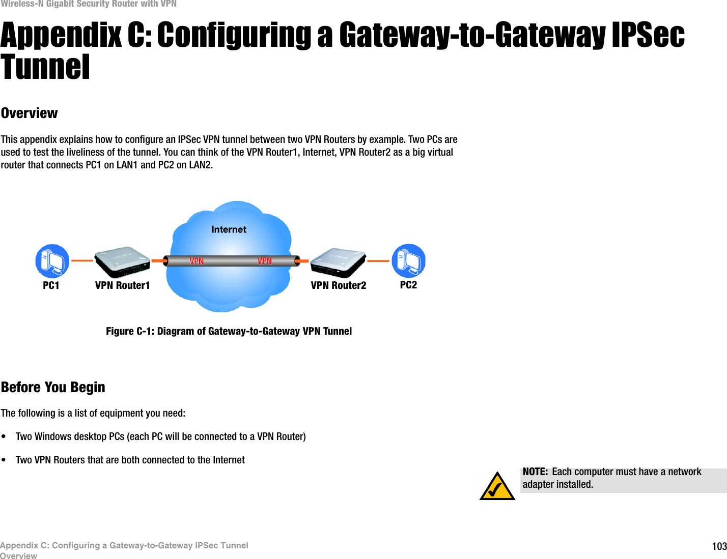 103Wireless-N Gigabit Security Router with VPNAppendix C: Configuring a Gateway-to-Gateway IPSec TunnelOverviewAppendix C: Configuring a Gateway-to-Gateway IPSec TunnelOverviewThis appendix explains how to configure an IPSec VPN tunnel between two VPN Routers by example. Two PCs are used to test the liveliness of the tunnel. You can think of the VPN Router1, Internet, VPN Router2 as a big virtual router that connects PC1 on LAN1 and PC2 on LAN2.Before You BeginThe following is a list of equipment you need:• Two Windows desktop PCs (each PC will be connected to a VPN Router)• Two VPN Routers that are both connected to the InternetPC1 VPN Router1 VPN Router2 PC2NOTE: Each computer must have a network adapter installed.Figure C-1: Diagram of Gateway-to-Gateway VPN Tunnel