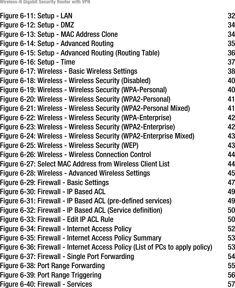 Wireless-N Gigabit Security Router with VPNFigure 6-11: Setup - LAN 32Figure 6-12: Setup - DMZ 34Figure 6-13: Setup - MAC Address Clone 34Figure 6-14: Setup - Advanced Routing 35Figure 6-15: Setup - Advanced Routing (Routing Table) 36Figure 6-16: Setup - Time 37Figure 6-17: Wireless - Basic Wireless Settings 38Figure 6-18: Wireless - Wireless Security (Disabled) 40Figure 6-19: Wireless - Wireless Security (WPA-Personal) 40Figure 6-20: Wireless - Wireless Security (WPA2-Personal) 41Figure 6-21: Wireless - Wireless Security (WPA2-Personal Mixed) 41Figure 6-22: Wireless - Wireless Security (WPA-Enterprise) 42Figure 6-23: Wireless - Wireless Security (WPA2-Enterprise) 42Figure 6-24: Wireless - Wireless Security (WPA2-Enterprise Mixed) 43Figure 6-25: Wireless - Wireless Security (WEP) 43Figure 6-26: Wireless - Wireless Connection Control 44Figure 6-27: Select MAC Address from Wireless Client List 44Figure 6-28: Wireless - Advanced Wireless Settings 45Figure 6-29: Firewall - Basic Settings 47Figure 6-30: Firewall - IP Based ACL 49Figure 6-31: Firewall - IP Based ACL (pre-defined services) 49Figure 6-32: Firewall - IP Based ACL (Service definition) 50Figure 6-33: Firewall - Edit IP ACL Rule 50Figure 6-34: Firewall - Internet Access Policy 52Figure 6-35: Firewall - Internet Access Policy Summary 53Figure 6-36: Firewall - Internet Access Policy (List of PCs to apply policy) 53Figure 6-37: Firewall - Single Port Forwarding 54Figure 6-38: Port Range Forwarding 55Figure 6-39: Port Range Triggering 56Figure 6-40: Firewall - Services 57