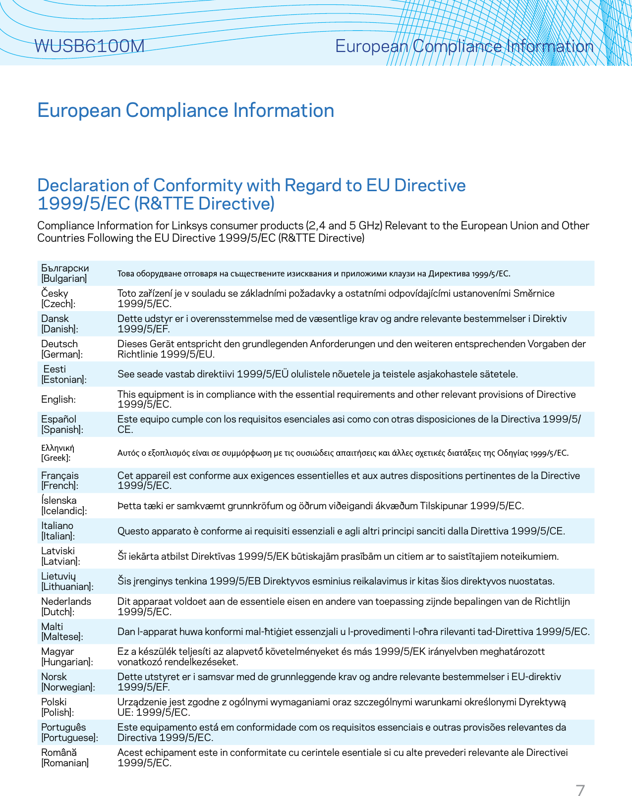 7WUSB6100M European Compliance InformationEuropean Compliance InformationDeclaration of Conformity with Regard to EU Directive 1999/5/EC (R&amp;TTE Directive)Compliance Information for Linksys consumer products (2,4 and 5 GHz) Relevant to the European Union and Other Countries Following the EU Directive 1999/5/EC (R&amp;TTE Directive) Български [Bulgarian] Това оборудване отговаря на съществените изисквания и приложими клаузи на Директива 1999/5/ЕС.Česky [Czech]: Toto zařízení je v souladu se základními požadavky a ostatními odpovídajícími ustanoveními Směrnice 1999/5/EC.Dansk [Danish]: Dette udstyr er i overensstemmelse med de væsentlige krav og andre relevante bestemmelser i Direktiv 1999/5/EF.Deutsch [German]: Dieses Gerät entspricht den grundlegenden Anforderungen und den weiteren entsprechenden Vorgaben der Richtlinie 1999/5/EU. Eesti [Estonian]: See seade vastab direktiivi 1999/5/EÜ olulistele nõuetele ja teistele asjakohastele sätetele.English: This equipment is in compliance with the essential requirements and other relevant provisions of Directive 1999/5/EC.Español [Spanish]: Este equipo cumple con los requisitos esenciales asi como con otras disposiciones de la Directiva 1999/5/CE.Ελληνική [Greek]: Αυτός ο εξοπλισµός είναι σε συµµόρφωση µε τις ουσιώδεις απαιτήσεις και άλλες σχετικές διατάξεις της Οδηγίας 1999/5/EC.Français [French]: Cet appareil est conforme aux exigences essentielles et aux autres dispositions pertinentes de la Directive 1999/5/EC.Íslenska [Icelandic]: Þetta tæki er samkvæmt grunnkröfum og öðrum viðeigandi ákvæðum Tilskipunar 1999/5/EC.Italiano [Italian]: Questo apparato è conforme ai requisiti essenziali e agli altri principi sanciti dalla Direttiva 1999/5/CE.Latviski [Latvian]: Šī iekārta atbilst Direktīvas 1999/5/EK būtiskajām prasībām un citiem ar to saistītajiem noteikumiem.Lietuvių [Lithuanian]: Šis įrenginys tenkina 1999/5/EB Direktyvos esminius reikalavimus ir kitas šios direktyvos nuostatas.Nederlands[Dutch]: Dit apparaat voldoet aan de essentiele eisen en andere van toepassing zijnde bepalingen van de Richtlijn 1999/5/EC.Malti [Maltese]: Dan l-apparat huwa konformi mal-ħtiġiet essenzjali u l-provedimenti l-oħra rilevanti tad-Direttiva 1999/5/EC.Magyar[Hungarian]: Ez a készülék teljesíti az alapvető követelményeket és más 1999/5/EK irányelvben meghatározott vonatkozó rendelkezéseket.Norsk[Norwegian]: Dette utstyret er i samsvar med de grunnleggende krav og andre relevante bestemmelser i EU-direktiv 1999/5/EF.Polski [Polish]: Urządzenie jest zgodne z ogólnymi wymaganiami oraz szczególnymi warunkami określonymi Dyrektywą UE: 1999/5/EC.Português [Portuguese]: Este equipamento está em conformidade com os requisitos essenciais e outras provisões relevantes da Directiva 1999/5/EC.Română [Romanian] Acest echipament este in conformitate cu cerintele esentiale si cu alte prevederi relevante ale Directivei 1999/5/EC.