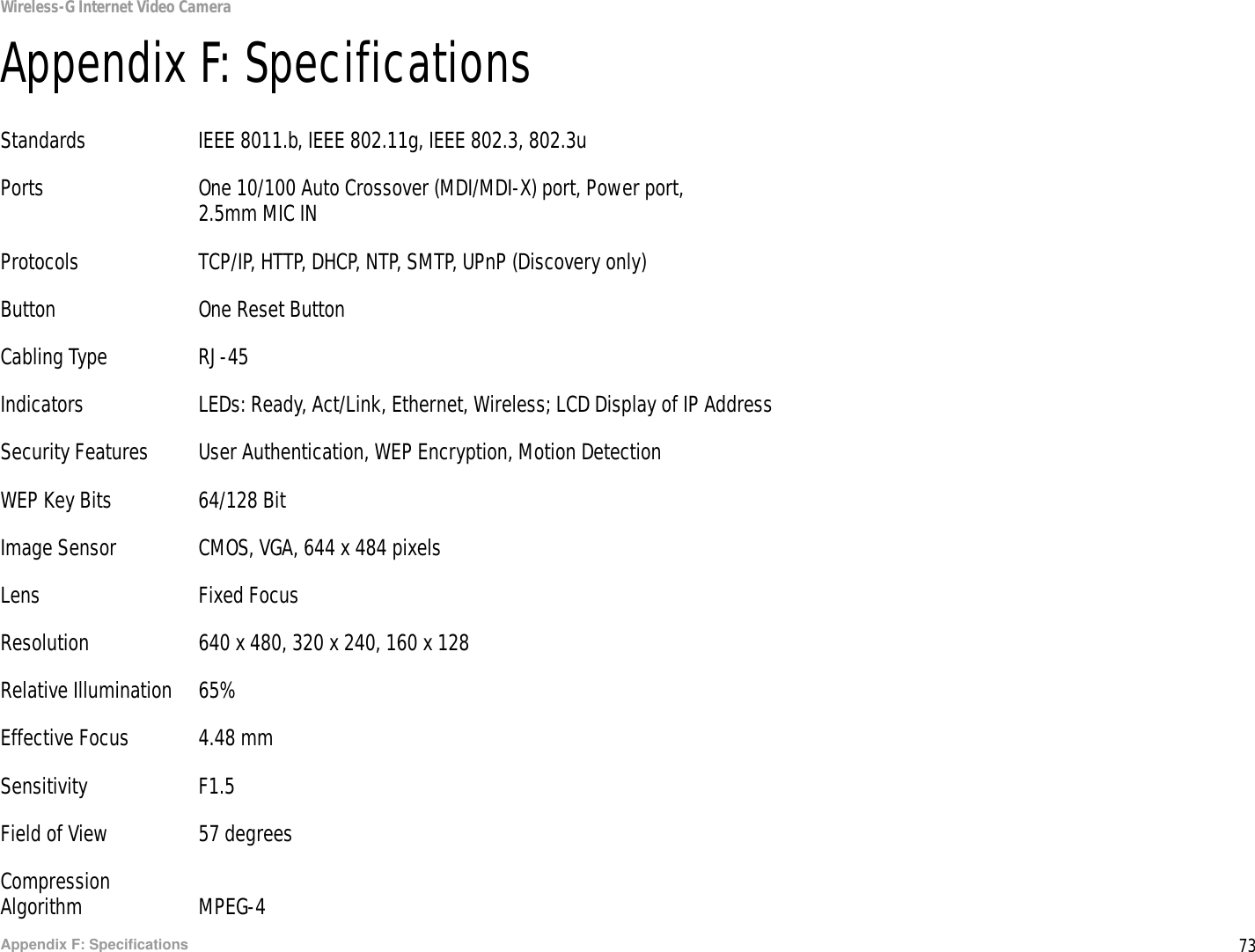 73Appendix F: SpecificationsWireless-G Internet Video CameraAppendix F: SpecificationsStandards IEEE 8011.b, IEEE 802.11g, IEEE 802.3, 802.3uPorts One 10/100 Auto Crossover (MDI/MDI-X) port, Power port, 2.5mm MIC INProtocols TCP/IP, HTTP, DHCP, NTP, SMTP, UPnP (Discovery only)Button One Reset ButtonCabling Type RJ-45Indicators LEDs: Ready, Act/Link, Ethernet, Wireless; LCD Display of IP AddressSecurity Features User Authentication, WEP Encryption, Motion DetectionWEP Key Bits 64/128 BitImage Sensor CMOS, VGA, 644 x 484 pixelsLens Fixed FocusResolution 640 x 480, 320 x 240, 160 x 128Relative Illumination 65%Effective Focus 4.48 mmSensitivity F1.5Field of View 57 degreesCompressionAlgorithm MPEG-4