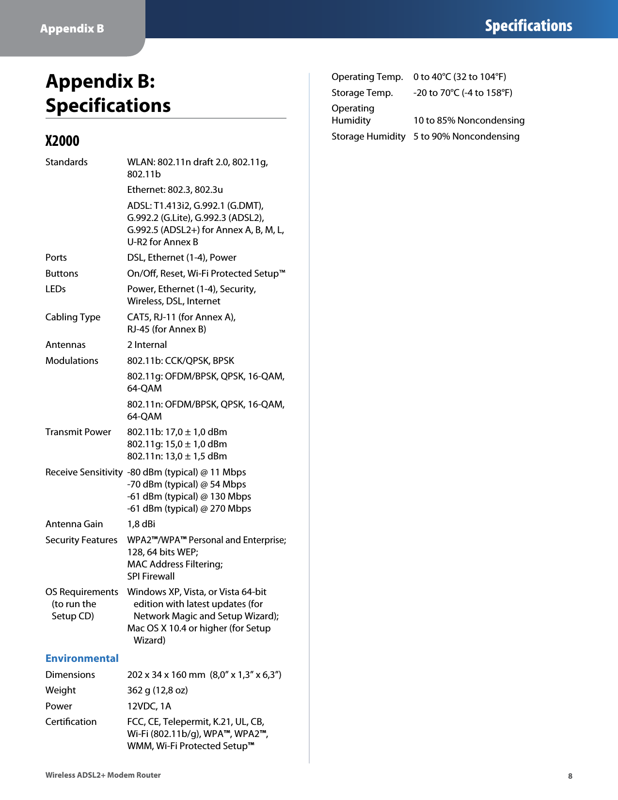 Appendix B Specifications8Wireless ADSL2+ Modem RouterAppendix B:  SpecificationsX2000Standards  WLAN: 802.11n draft 2.0, 802.11g,    802.11b  Ethernet: 802.3, 802.3u  ADSL: T1.413i2, G.992.1 (G.DMT),    G.992.2 (G.Lite), G.992.3 (ADSL2),    G.992.5 (ADSL2+) for Annex A, B, M, L,    U-R2 for Annex BPorts  DSL, Ethernet (1-4), PowerButtons  On/Oﬀ, Reset, Wi-Fi Protected Setup™LEDs  Power, Ethernet (1-4), Security,    Wireless, DSL, InternetCabling Type  CAT5, RJ-11 (for Annex A),    RJ-45 (for Annex B)Antennas  2 InternalModulations  802.11b: CCK/QPSK, BPSK  802.11g: OFDM/BPSK, QPSK, 16-QAM,    64-QAM  802.11n: OFDM/BPSK, QPSK, 16-QAM,    64-QAMTransmit Power  802.11b: 17,0 ± 1,0 dBm   802.11g: 15,0 ± 1,0 dBm   802.11n: 13,0 ± 1,5 dBmReceive Sensitivity  -80 dBm (typical) @ 11 Mbps   -70 dBm (typical) @ 54 Mbps   -61 dBm (typical) @ 130 Mbps   -61 dBm (typical) @ 270 MbpsAntenna Gain  1,8 dBiSecurity Features WPA2™/WPA™ Personal and Enterprise;  128, 64 bits WEP;   MAC Address Filtering;   SPI FirewallOS Requirements  Windows XP, Vista, or Vista 64-bit     (to run the     edition with latest updates (for     Setup CD)     Network Magic and Setup Wizard);   Mac OS X 10.4 or higher (for Setup       Wizard)EnvironmentalDimensions  202 x 34 x 160 mm  (8,0” x 1,3” x 6,3”)Weight  362 g (12,8 oz)Power  12VDC, 1ACertiﬁcation  FCC, CE, Telepermit, K.21, UL, CB,    Wi-Fi (802.11b/g), WPA™, WPA2™,   WMM, Wi-Fi Protected Setup™Operating Temp.  0 to 40°C (32 to 104°F)Storage Temp.  -20 to 70°C (-4 to 158°F)Operating Humidity  10 to 85% NoncondensingStorage Humidity  5 to 90% Noncondensing