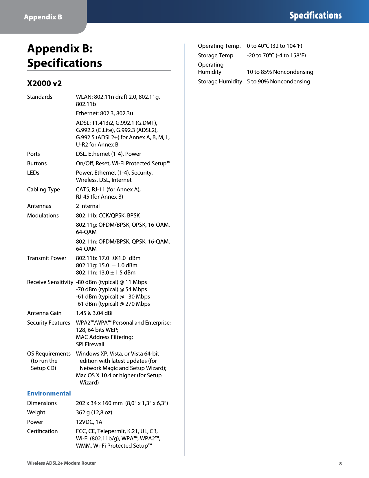 Appendix B Specifications8Wireless ADSL2+ Modem RouterAppendix B:  SpecificationsX2000Standards  WLAN: 802.11n draft 2.0, 802.11g,    802.11b  Ethernet: 802.3, 802.3u  ADSL: T1.413i2, G.992.1 (G.DMT),    G.992.2 (G.Lite), G.992.3 (ADSL2),    G.992.5 (ADSL2+) for Annex A, B, M, L,    U-R2 for Annex BPorts  DSL, Ethernet (1-4), PowerButtons  On/Oﬀ, Reset, Wi-Fi Protected Setup™LEDs  Power, Ethernet (1-4), Security,    Wireless, DSL, InternetCabling Type  CAT5, RJ-11 (for Annex A),    RJ-45 (for Annex B)Antennas  2 InternalModulations  802.11b: CCK/QPSK, BPSK  802.11g: OFDM/BPSK, QPSK, 16-QAM,    64-QAM  802.11n: OFDM/BPSK, QPSK, 16-QAM,    64-QAMTransmit Power  802.11b: 17.0  ±1.0 dBm  802.11g: 15.0± 1.0 dBm   802.11n: 13.0 ± 1.5 dBmReceive Sensitivity  -80 dBm (typical) @ 11 Mbps   -70 dBm (typical) @ 54 Mbps   -61 dBm (typical) @ 130 Mbps   -61 dBm (typical) @ 270 MbpsAntenna Gain  1.45 &amp; 3.04 dBiSecurity Features WPA2™/WPA™ Personal and Enterprise;  128, 64 bits WEP;   MAC Address Filtering;   SPI FirewallOS Requirements  Windows XP, Vista, or Vista 64-bit     (to run the     edition with latest updates (for     Setup CD)     Network Magic and Setup Wizard);   Mac OS X 10.4 or higher (for Setup       Wizard)EnvironmentalDimensions  202 x 34 x 160 mm  (8,0” x 1,3” x 6,3”)Weight  362 g (12,8 oz)Power  12VDC, 1ACertiﬁcation  FCC, CE, Telepermit, K.21, UL, CB,    Wi-Fi (802.11b/g), WPA™, WPA2™,   WMM, Wi-Fi Protected Setup™Operating Temp.  0 to 40°C (32 to 104°F)Storage Temp.  -20 to 70°C (-4 to 158°F)Operating Humidity  10 to 85% NoncondensingStorage Humidity  5 to 90% NoncondensingX2000 v2  
