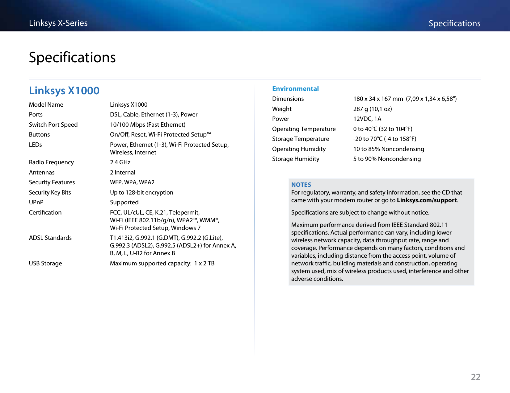 22SpecificationsLinksys X-Series22Linksys X1000Model Name  Linksys X1000Ports  DSL, Cable, Ethernet (1-3), PowerSwitch Port Speed  10/100 Mbps (Fast Ethernet)Buttons  On/O, Reset, Wi-Fi Protected Setup™LEDs  Power, Ethernet (1-3), Wi-Fi Protected Setup,   Wireless, InternetRadio Frequency  2.4 GHzAntennas  2 InternalSecurity Features WEP, WPA, WPA2Security Key Bits  Up to 128-bit encryptionUPnP  SupportedCertication  FCC, UL/cUL, CE, K.21, Telepermit,   Wi-Fi (IEEE 802.11b/g/n), WPA2™, WMM®,    Wi-Fi Protected Setup, Windows 7ADSL Standards  T1.413i2, G.992.1 (G.DMT), G.992.2 (G.Lite),    G.992.3 (ADSL2), G.992.5 (ADSL2+) for Annex A,   B, M, L, U-R2 for Annex BUSB Storage  Maximum supported capacity:  1 x 2 TBEnvironmentalDimensions  180 x 34 x 167 mm  (7,09 x 1,34 x 6,58&quot;)Weight  287 g (10,1 oz)Power  12VDC, 1AOperating Temperature  0 to 40°C (32 to 104°F)Storage Temperature  -20 to 70°C (-4 to 158°F)Operating Humidity  10 to 85% NoncondensingStorage Humidity  5 to 90% NoncondensingNOTESFor regulatory, warranty, and safety information, see the CD that came with your modem router or go to Linksys.com/support.Specifications are subject to change without notice.Maximum performance derived from IEEE Standard 802.11 specifications. Actual performance can vary, including lower wireless network capacity, data throughput rate, range and coverage. Performance depends on many factors, conditions and variables, including distance from the access point, volume of network traffic, building materials and construction, operating system used, mix of wireless products used, interference and other adverse conditions.Specifications