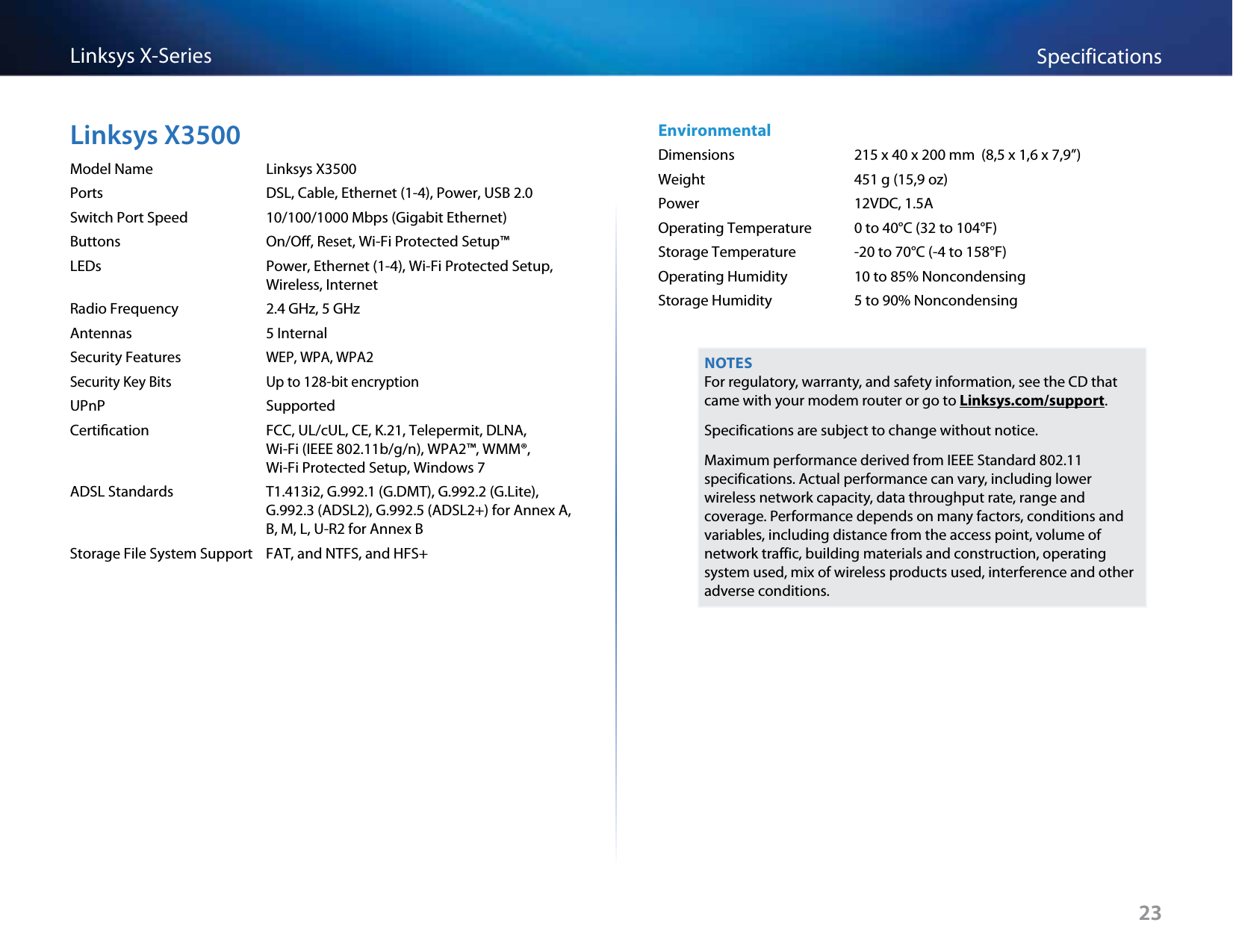 23SpecificationsLinksys X-Series23Linksys X3500Model Name  Linksys X3500Ports  DSL, Cable, Ethernet (1-4), Power, USB 2.0Switch Port Speed  10/100/1000 Mbps (Gigabit Ethernet)Buttons  On/O, Reset, Wi-Fi Protected Setup™LEDs  Power, Ethernet (1-4), Wi-Fi Protected Setup,   Wireless, InternetRadio Frequency  2.4 GHz, 5 GHzAntennas  5 InternalSecurity Features WEP, WPA, WPA2Security Key Bits  Up to 128-bit encryptionUPnP  SupportedCertication  FCC, UL/cUL, CE, K.21, Telepermit, DLNA,   Wi-Fi (IEEE 802.11b/g/n), WPA2™, WMM®,    Wi-Fi Protected Setup, Windows 7ADSL Standards  T1.413i2, G.992.1 (G.DMT), G.992.2 (G.Lite),    G.992.3 (ADSL2), G.992.5 (ADSL2+) for Annex A,   B, M, L, U-R2 for Annex BStorage File System Support  FAT, and NTFS, and HFS+EnvironmentalDimensions  215 x 40 x 200 mm  (8,5 x 1,6 x 7,9”)Weight  451 g (15,9 oz)Power  12VDC, 1.5AOperating Temperature  0 to 40°C (32 to 104°F)Storage Temperature  -20 to 70°C (-4 to 158°F)Operating Humidity  10 to 85% NoncondensingStorage Humidity  5 to 90% NoncondensingNOTESFor regulatory, warranty, and safety information, see the CD that came with your modem router or go to Linksys.com/support.Specifications are subject to change without notice.Maximum performance derived from IEEE Standard 802.11 specifications. Actual performance can vary, including lower wireless network capacity, data throughput rate, range and coverage. Performance depends on many factors, conditions and variables, including distance from the access point, volume of network traffic, building materials and construction, operating system used, mix of wireless products used, interference and other adverse conditions.